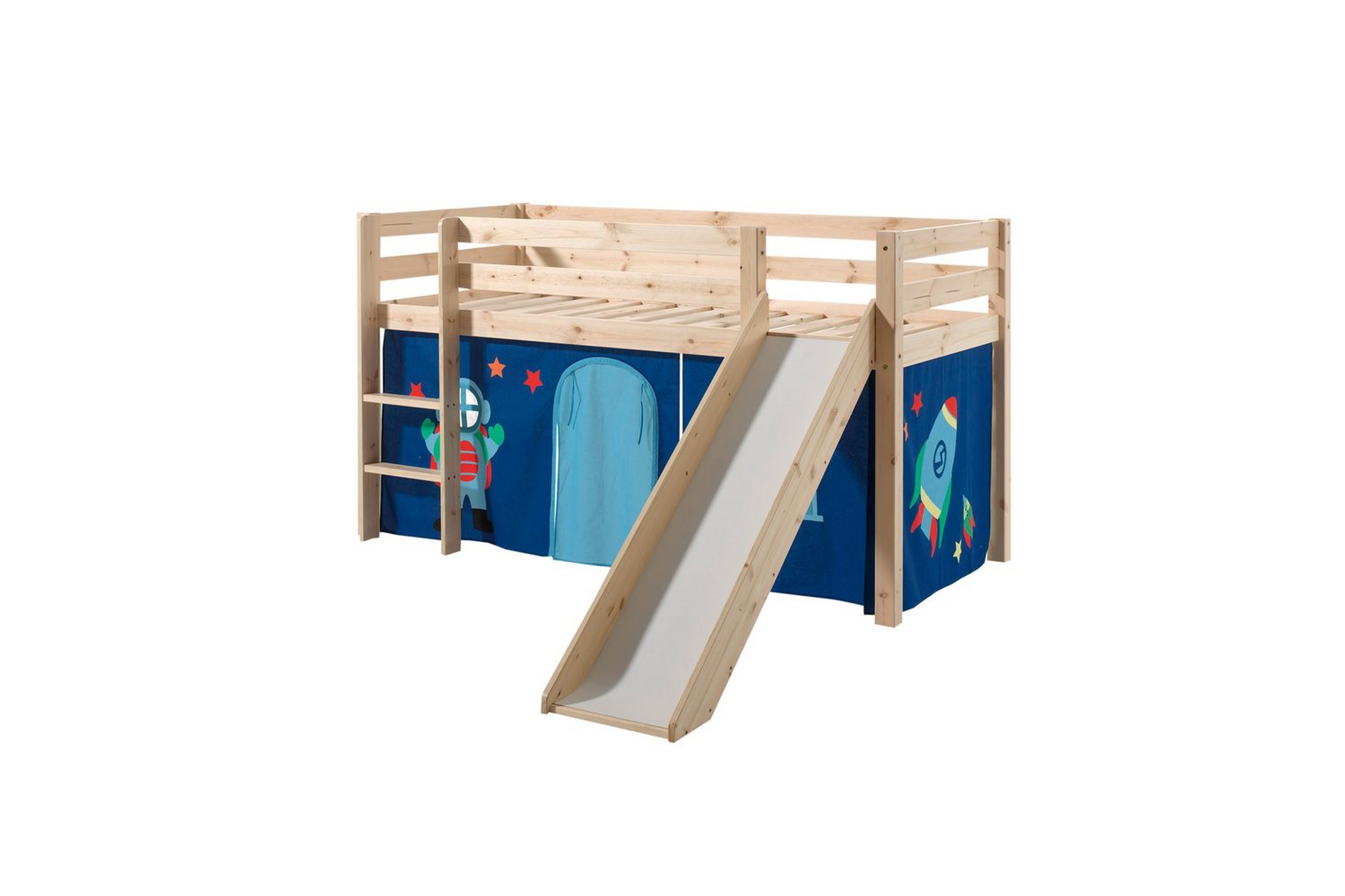halvhöjdssäng med gardin pino astro naturlig, naturlig, med rutschkana, utan tunnel, inga fickor - naturlig, naturlig, med rutschkana, utan tunnel, inga fickor