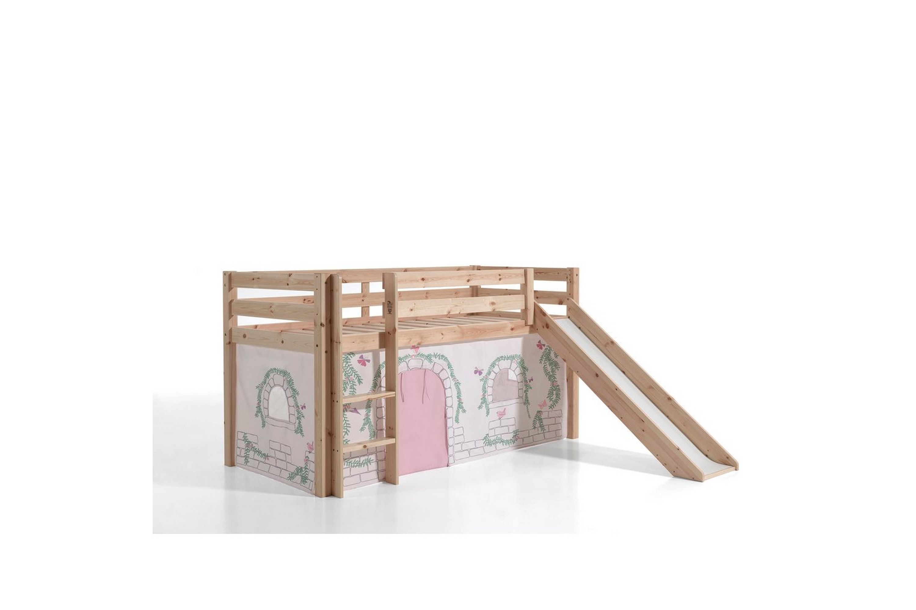 halvhöjdssäng med gardin pino birdy naturlig, naturlig, med rutschkana, med rutschkana, inga fickor - naturlig, naturlig, med rutschkana, med rutschkana, inga fickor