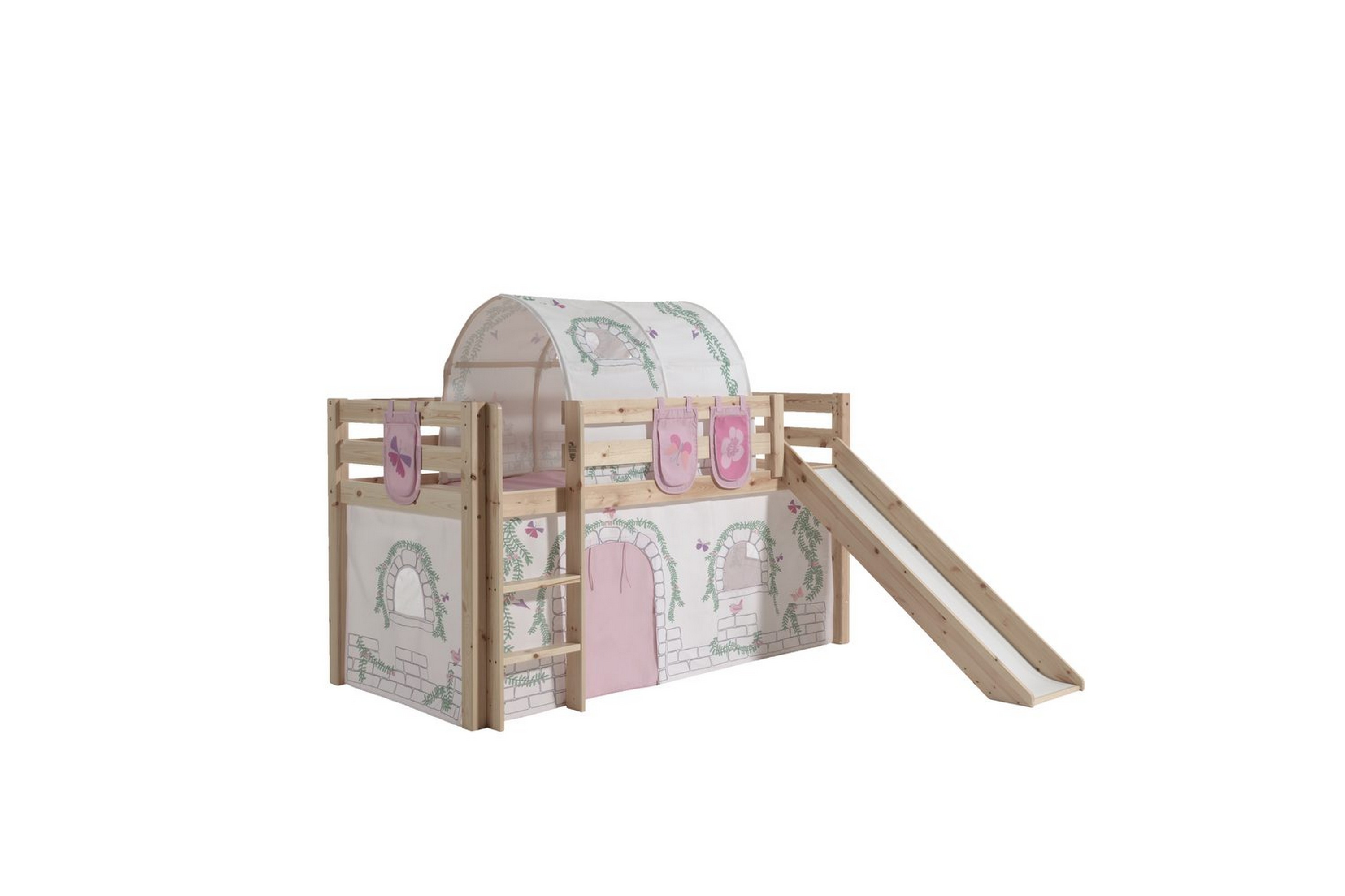 halvhöjdssäng med gardin pino birdy naturlig, naturlig, med rutschkana, birdy, 3 - naturlig, naturlig, med rutschkana, birdy, 3