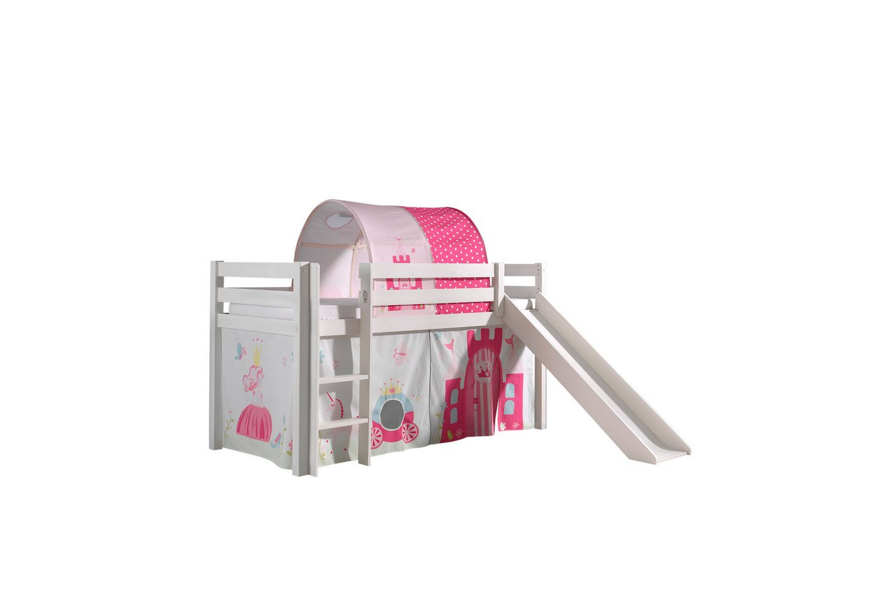 halvhöjdssäng med gardin pino princess vit, vit, med rutschkana, prinsessa, inga fickor - vit, vit, med rutschkana, prinsessa, inga fickor