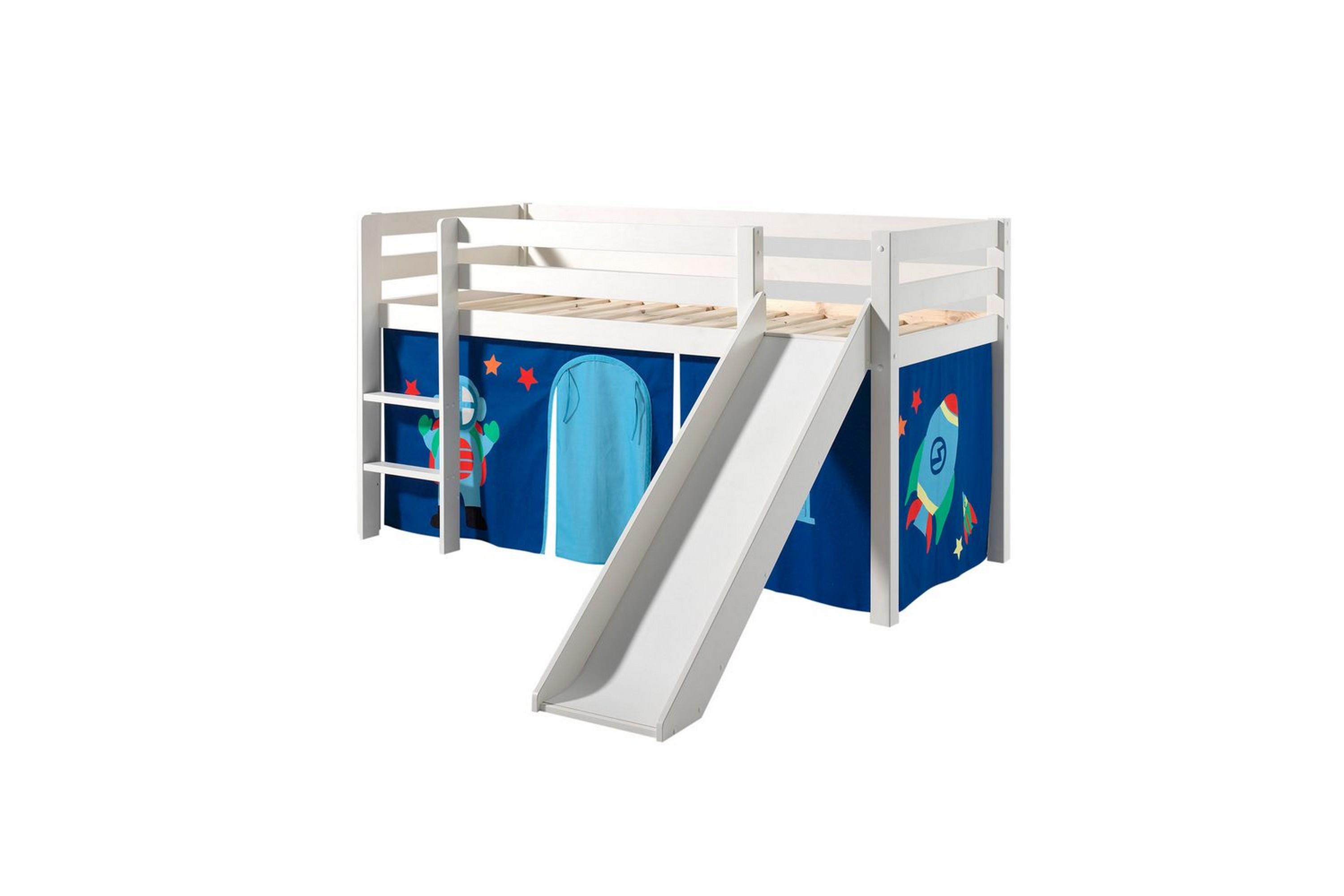 halvhöjdssäng med gardin pino astro vit, vit, med rutschkana, utan tunnel, inga fickor - vit, vit, med rutschkana, utan tunnel, inga fickor