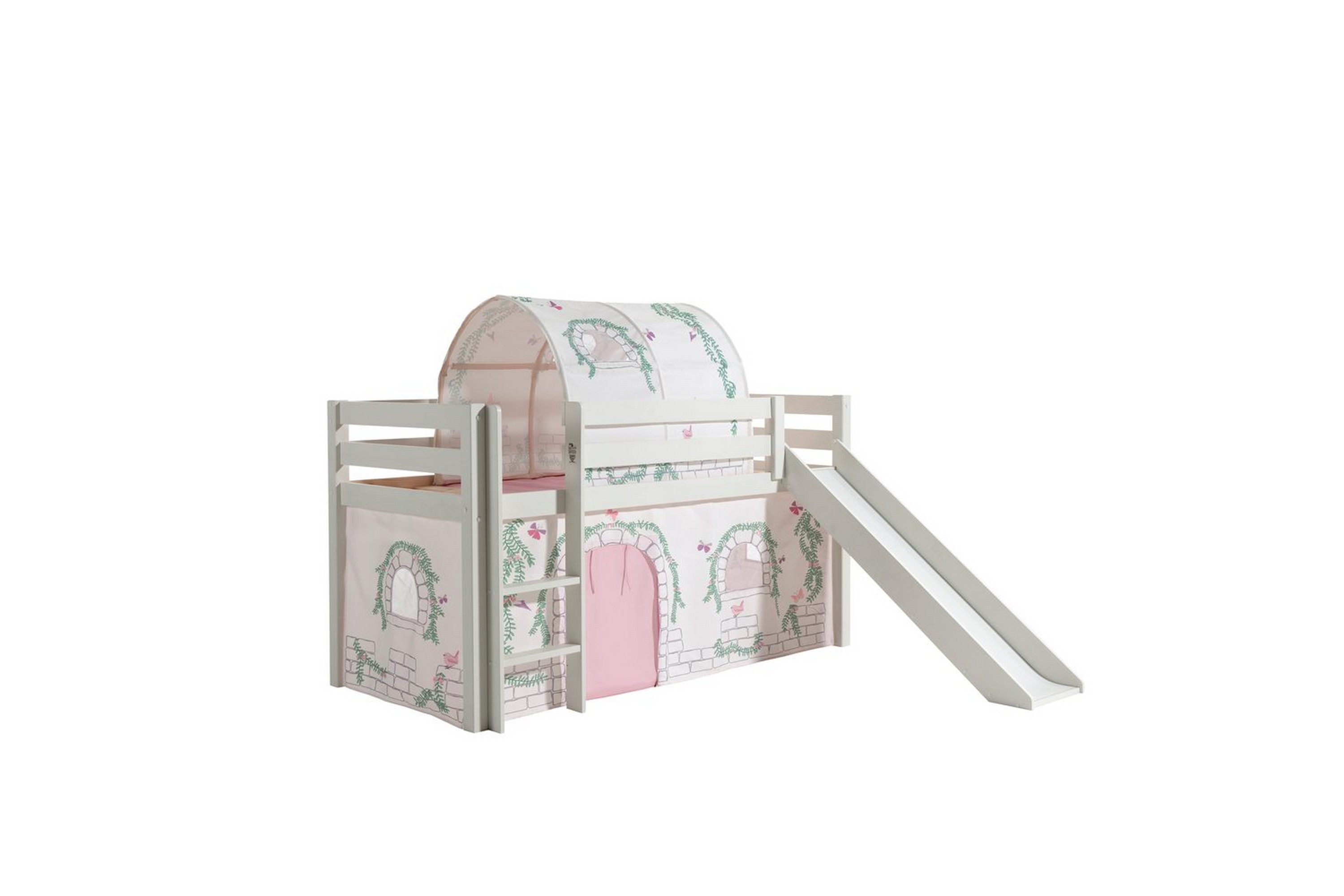 halvhöjdssäng med gardin pino birdy vit, vit, med rutschkana, birdy, inga fickor - vit, vit, med rutschkana, birdy, inga fickor