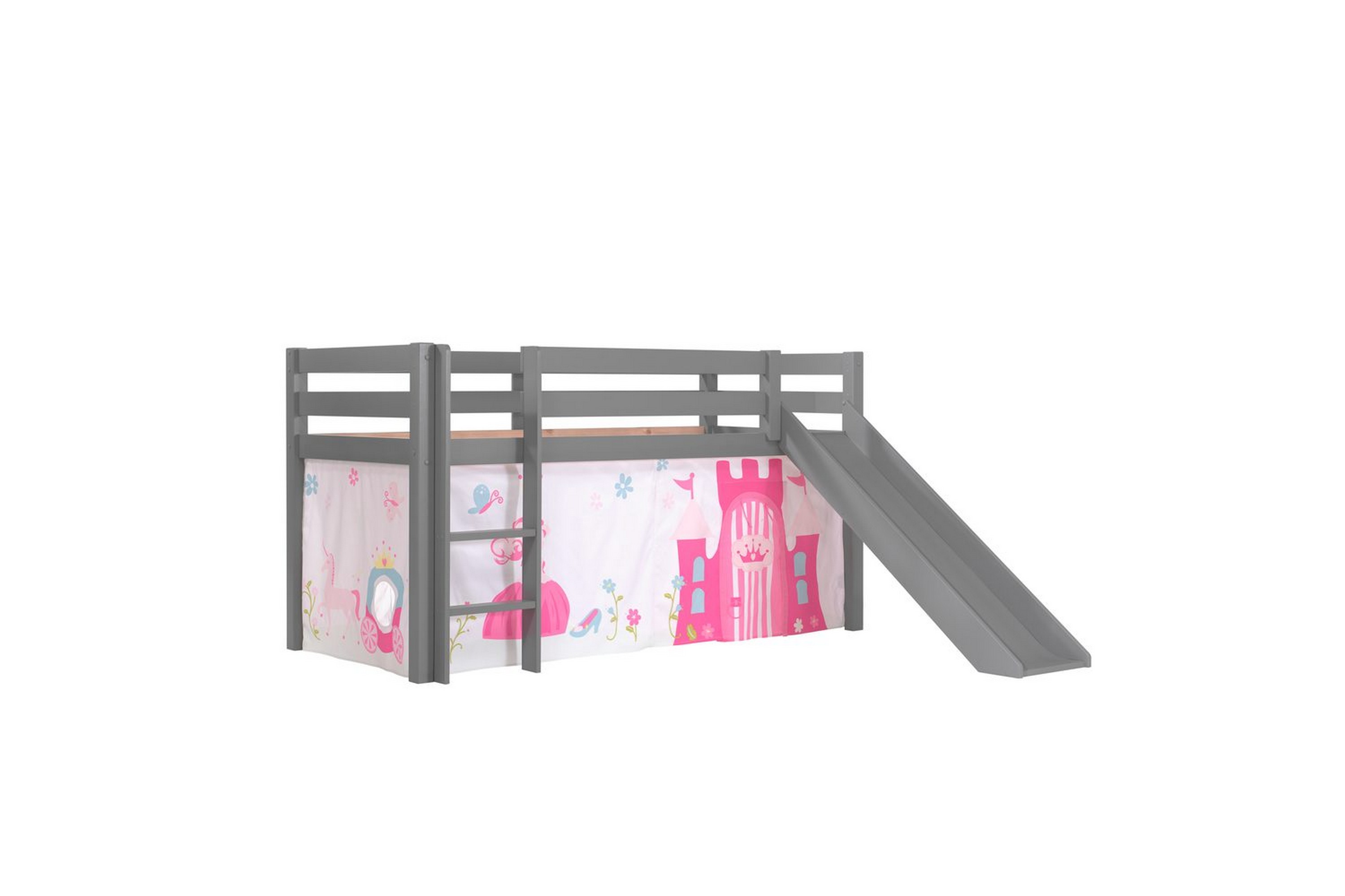 halvhöjdssäng med gardin pino princess grå, grå, med rutschkana, utan tunnel, inga fickor - grå, grå, med rutschkana, utan tunnel, inga fickor