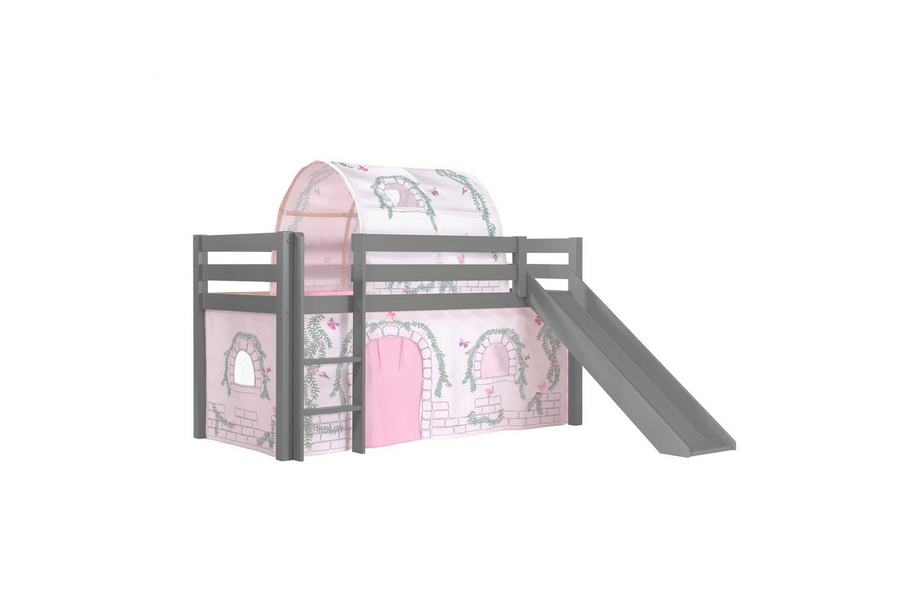 halvhöjdssäng med gardin pino birdy grå, grå, med rutschkana, birdy, inga fickor - grå, grå, med rutschkana, birdy, inga fickor