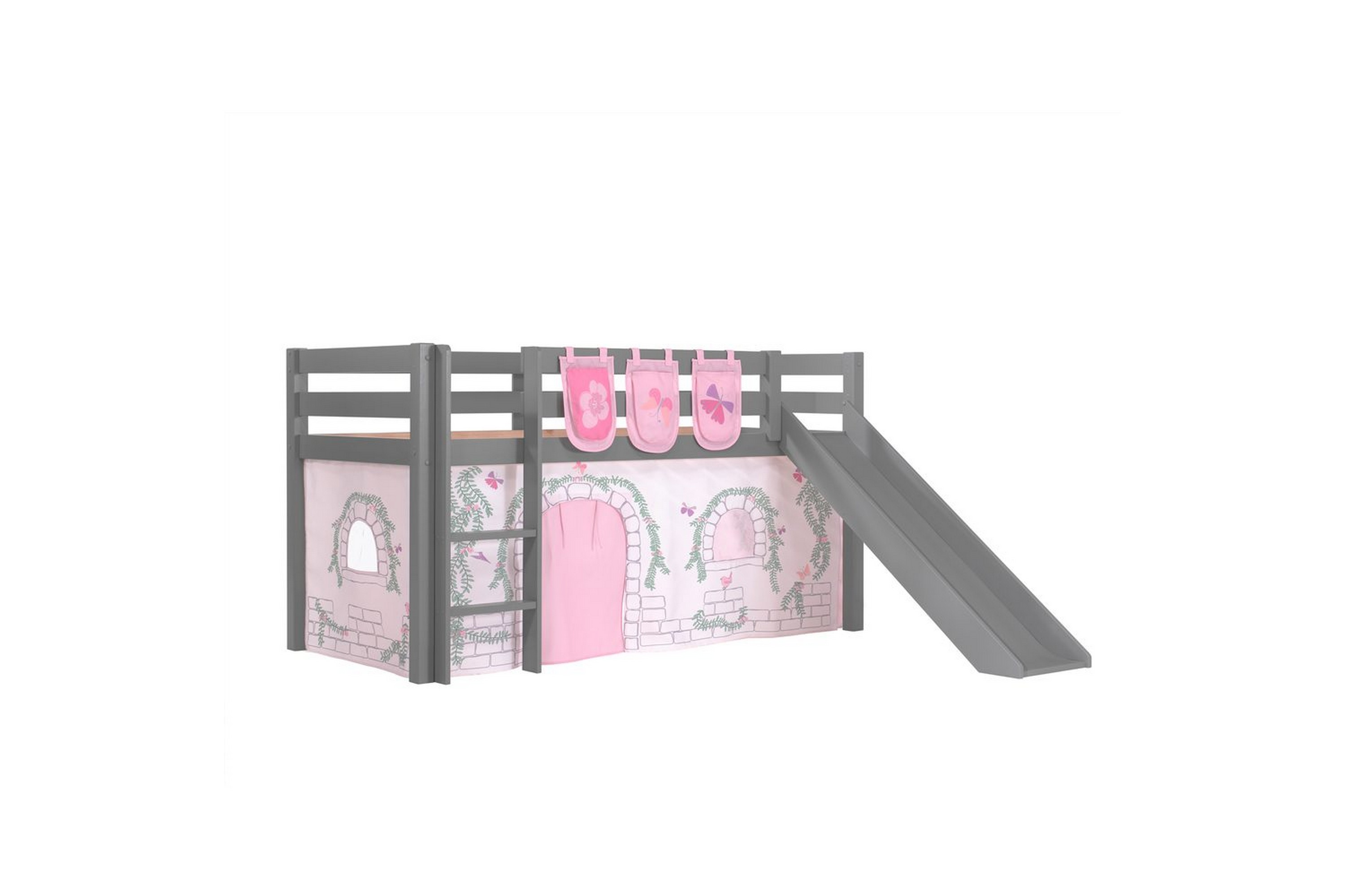 halvhöjdssäng med gardin pino birdy grå, grå, med rutschkana, utan tunnel, 3 - grå, grå, med rutschkana, utan tunnel, 3