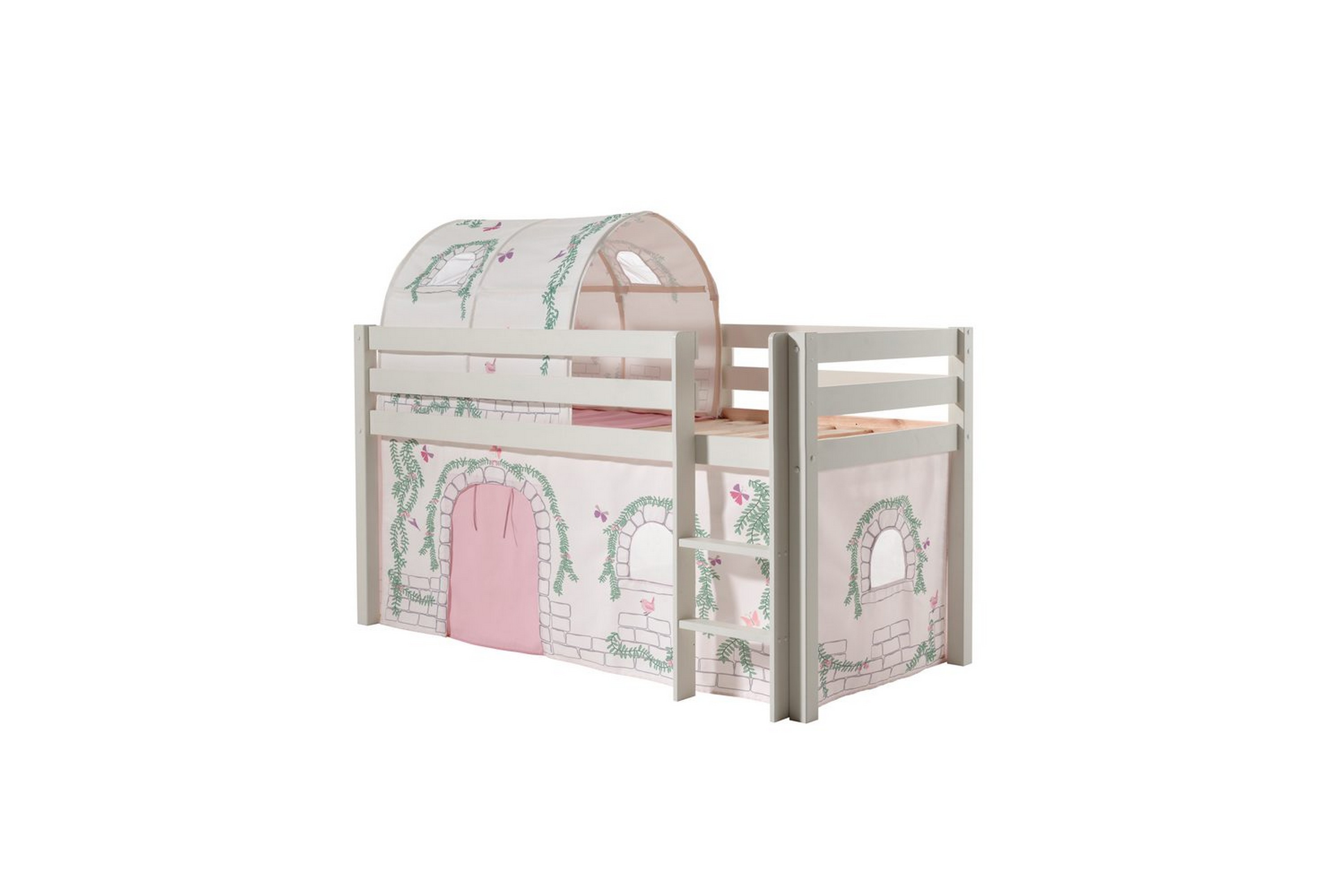 halvhöjdssäng med gardin pino birdy vit, vit, utan rutschkana, birdy, inga fickor - vit, vit, utan rutschkana, birdy, inga fickor