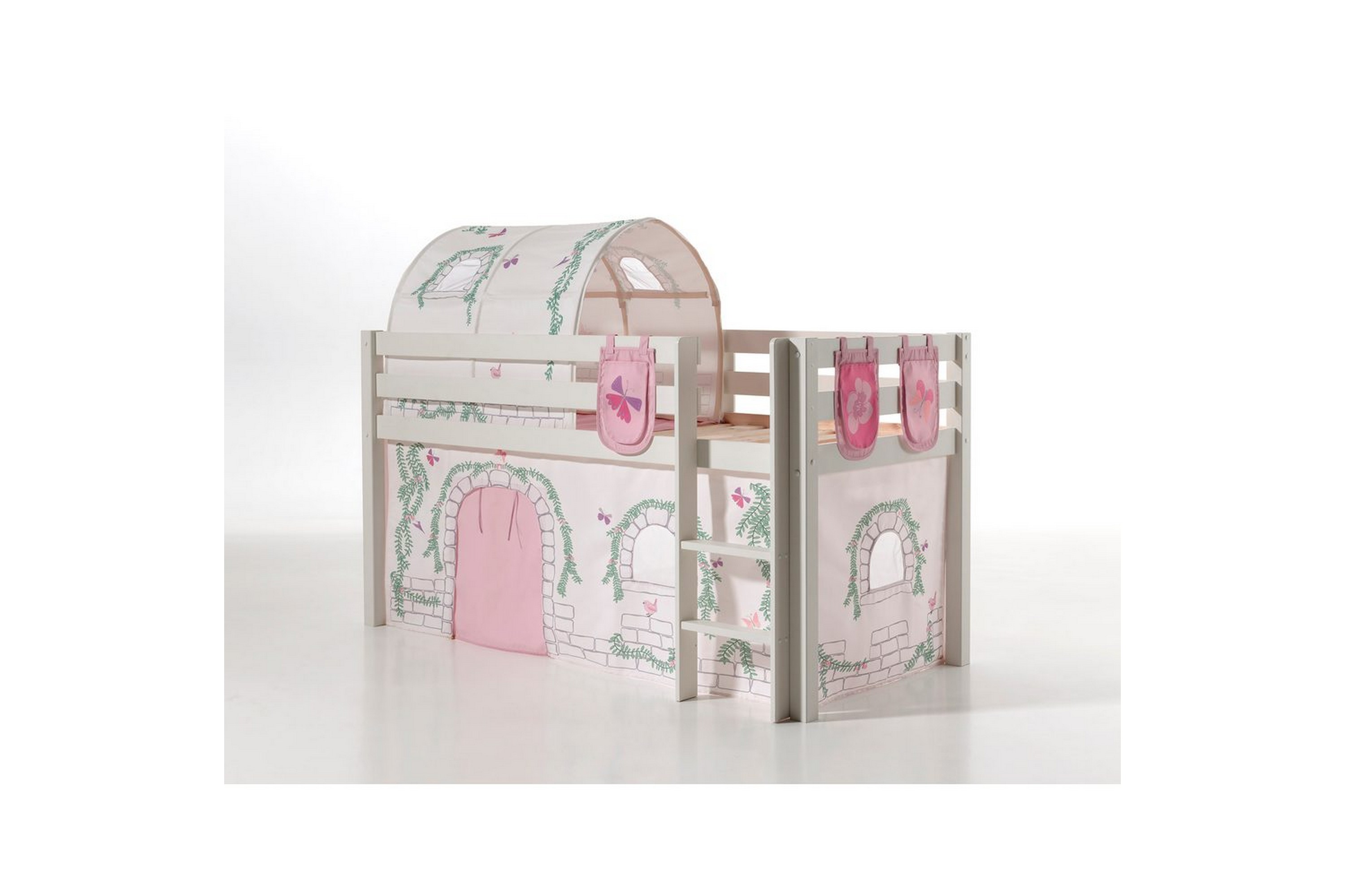 halvhöjdssäng med gardin pino birdy vit, vit, utan rutschkana, birdy, 3 - vit, vit, utan rutschkana, birdy, 3