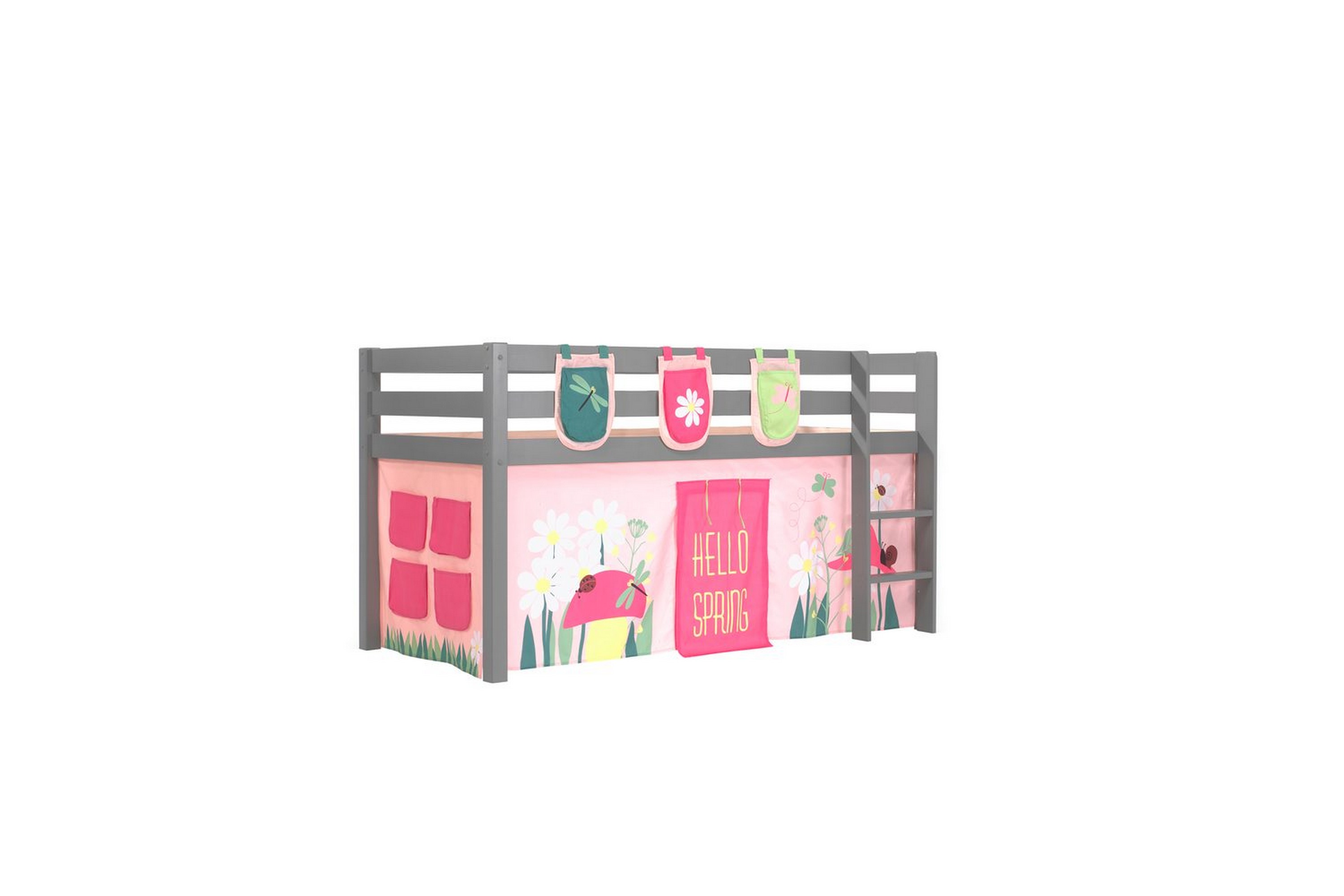 halvhöjdssäng med gardin pino spring grå, grå, utan rutschkana, utan tunnel, 3 - grå, grå, utan rutschkana, utan tunnel, 3