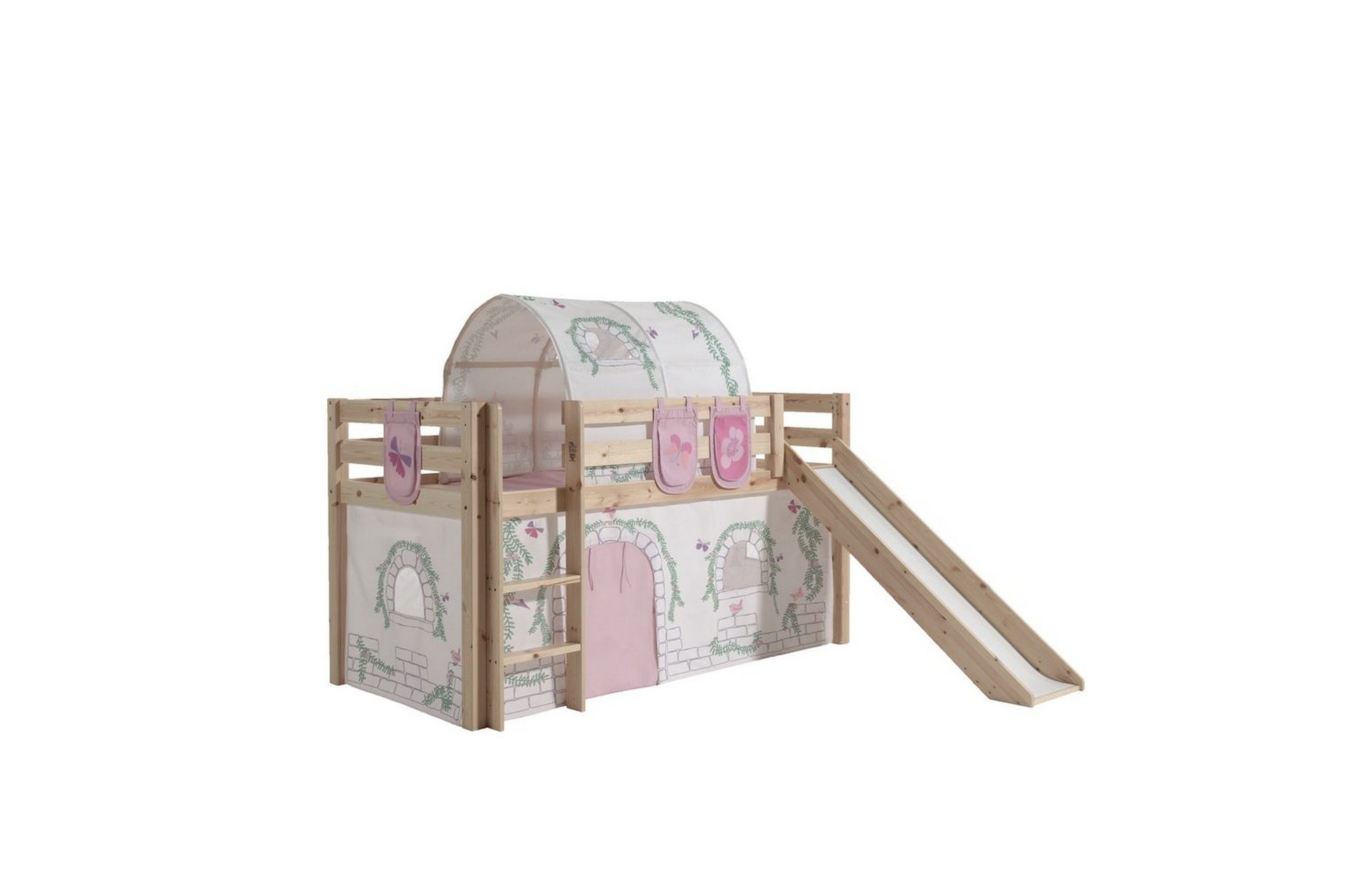 halvhöjdssäng med gardin pino birdy naturlig, naturlig, med rutschkana, birdy, 3 - naturlig, naturlig, med rutschkana, birdy, 3