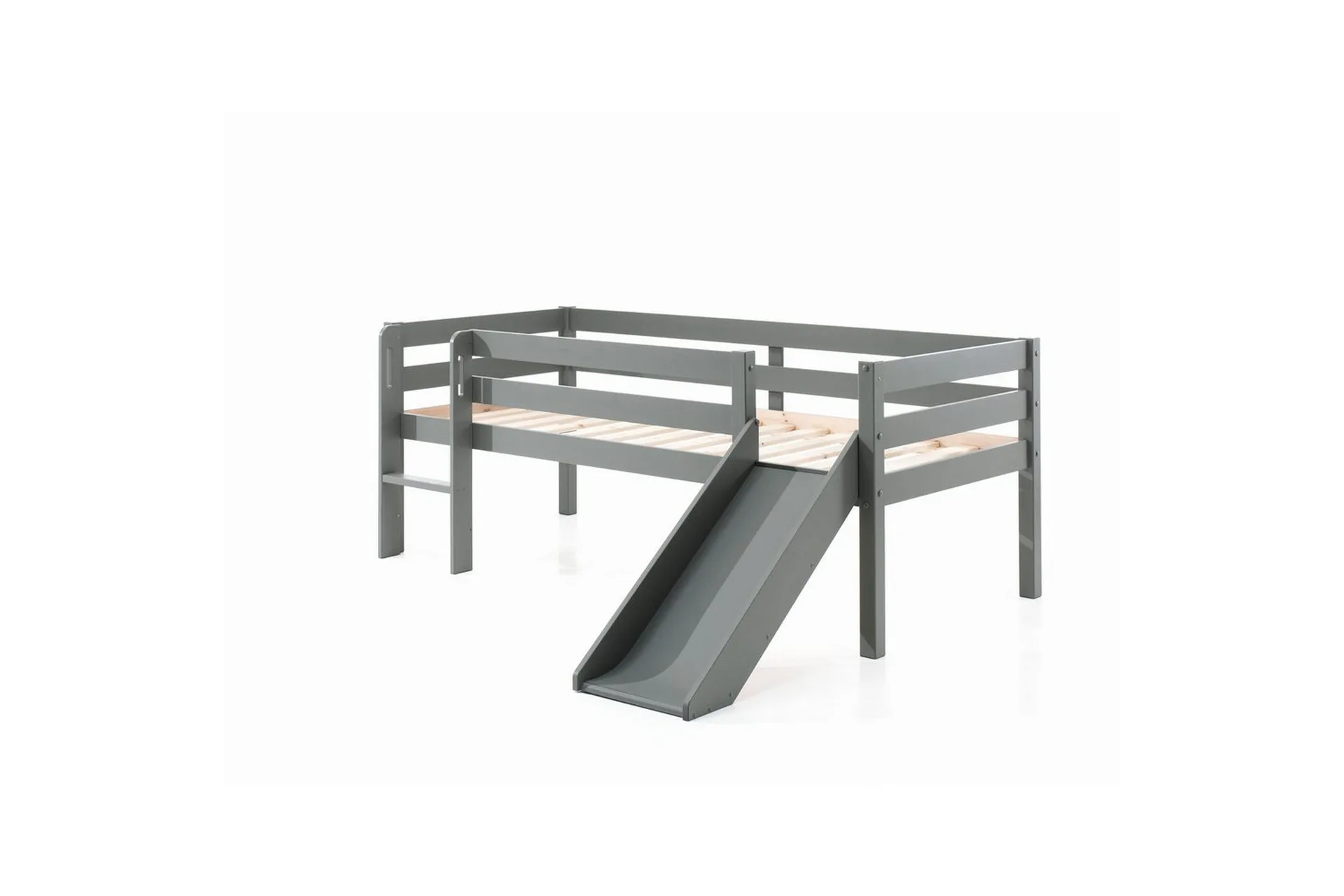 mellanhög säng med stege och hängande hylla pino grå, med rutschkana - grå, med rutschkana