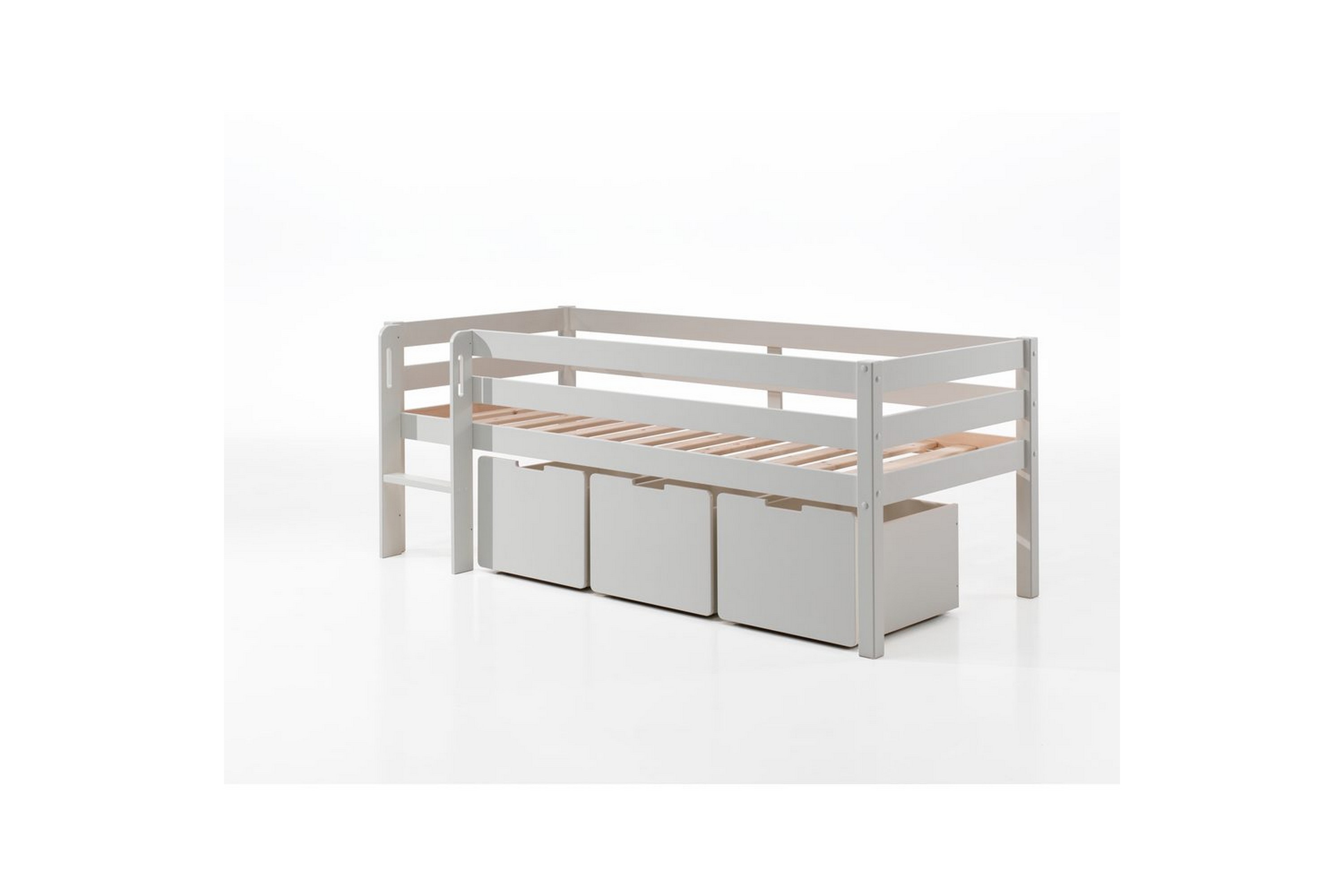 mellanhög säng med stege och lådor pino vit, set om 3, utan hänghylla - vit, set om 3, utan hänghylla