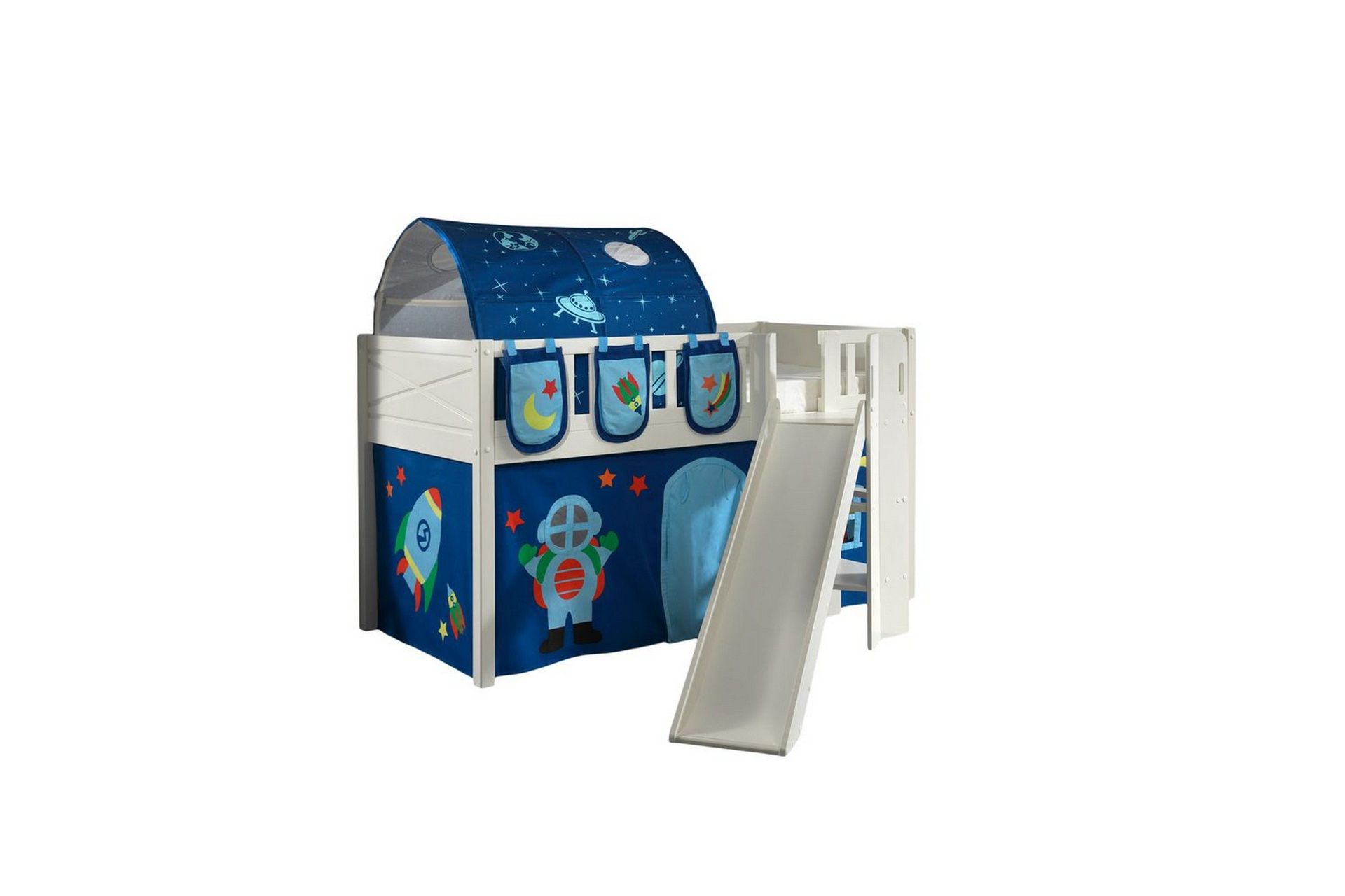 mellanstegsäng med rutschkana och matchande textilset (lekgardin, tunnel och förvaringsfickor) scott astro - astro