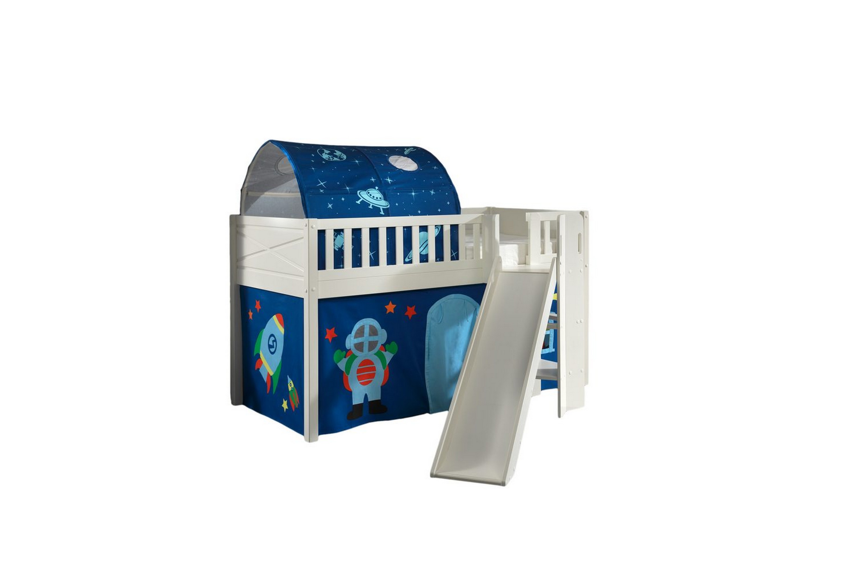 mellanstegsäng med rutschkana och matchande textilset (lekgardin och tunnel) scott astro - astro