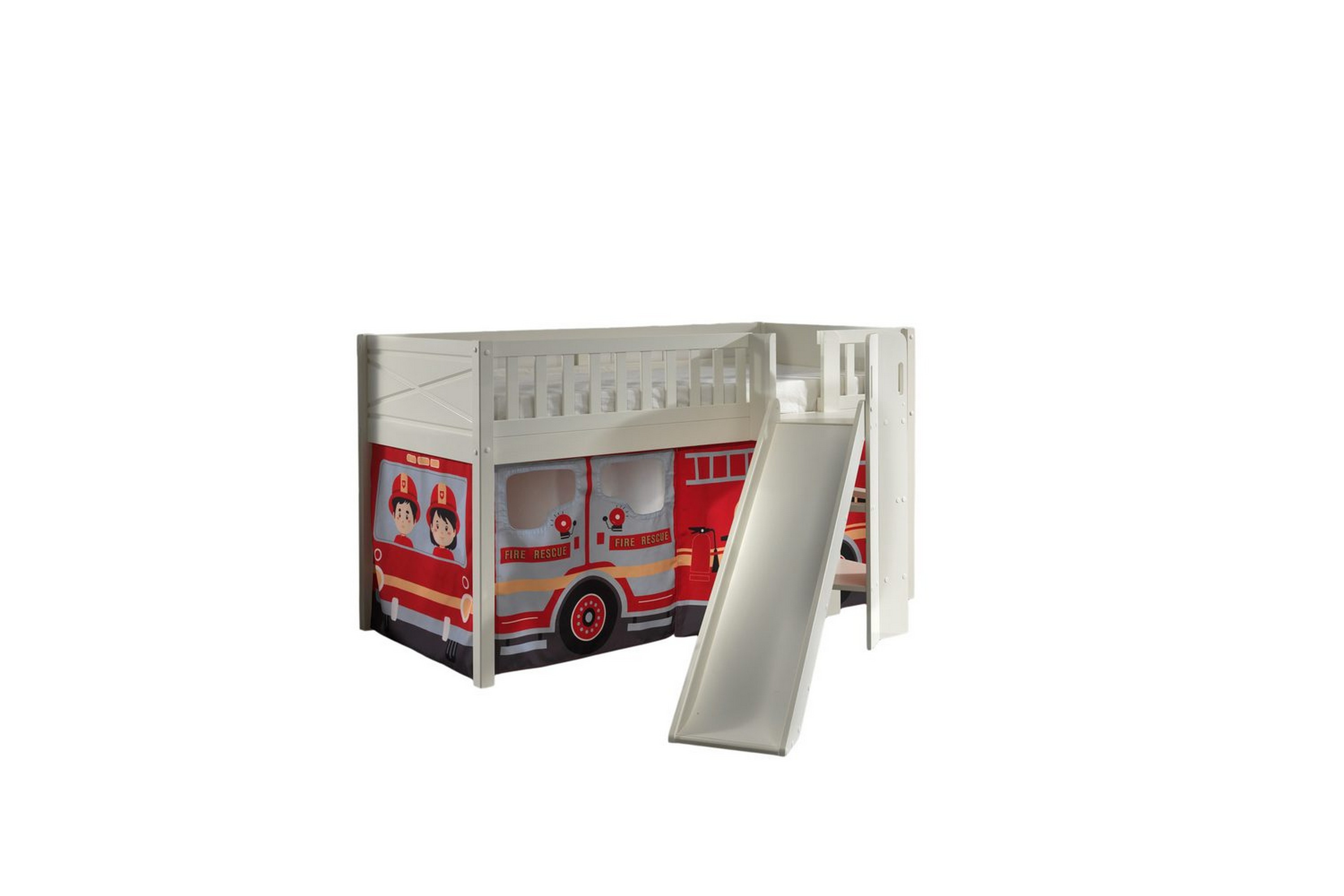 mellanstegsäng med rutschkana och matchande textilset (lekgardin) scott brandbil - brandbil