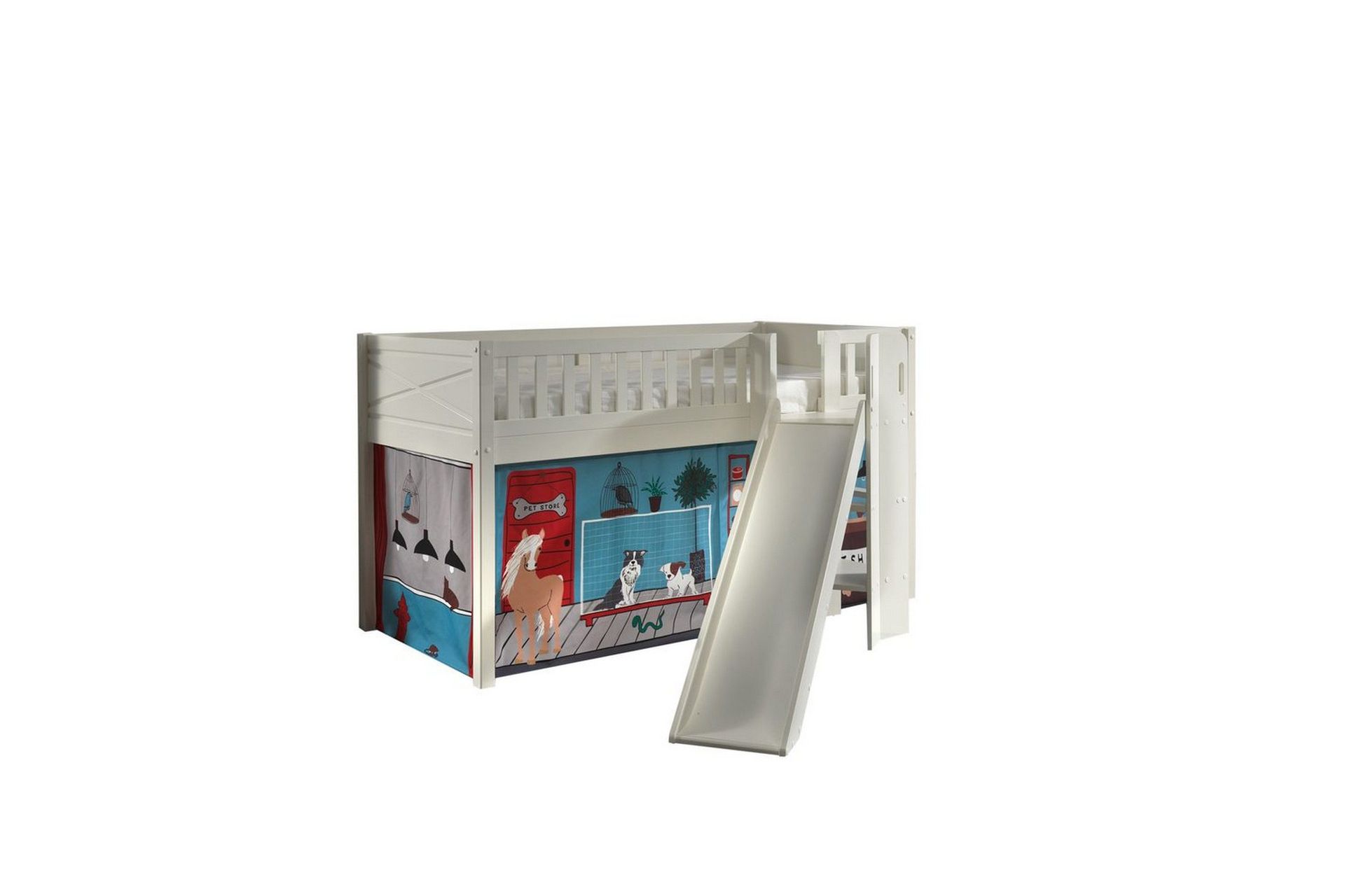 mellanstegsäng med rutschkana och matchande textilset (lekgardin) scott husdjursaffär - husdjursaffär