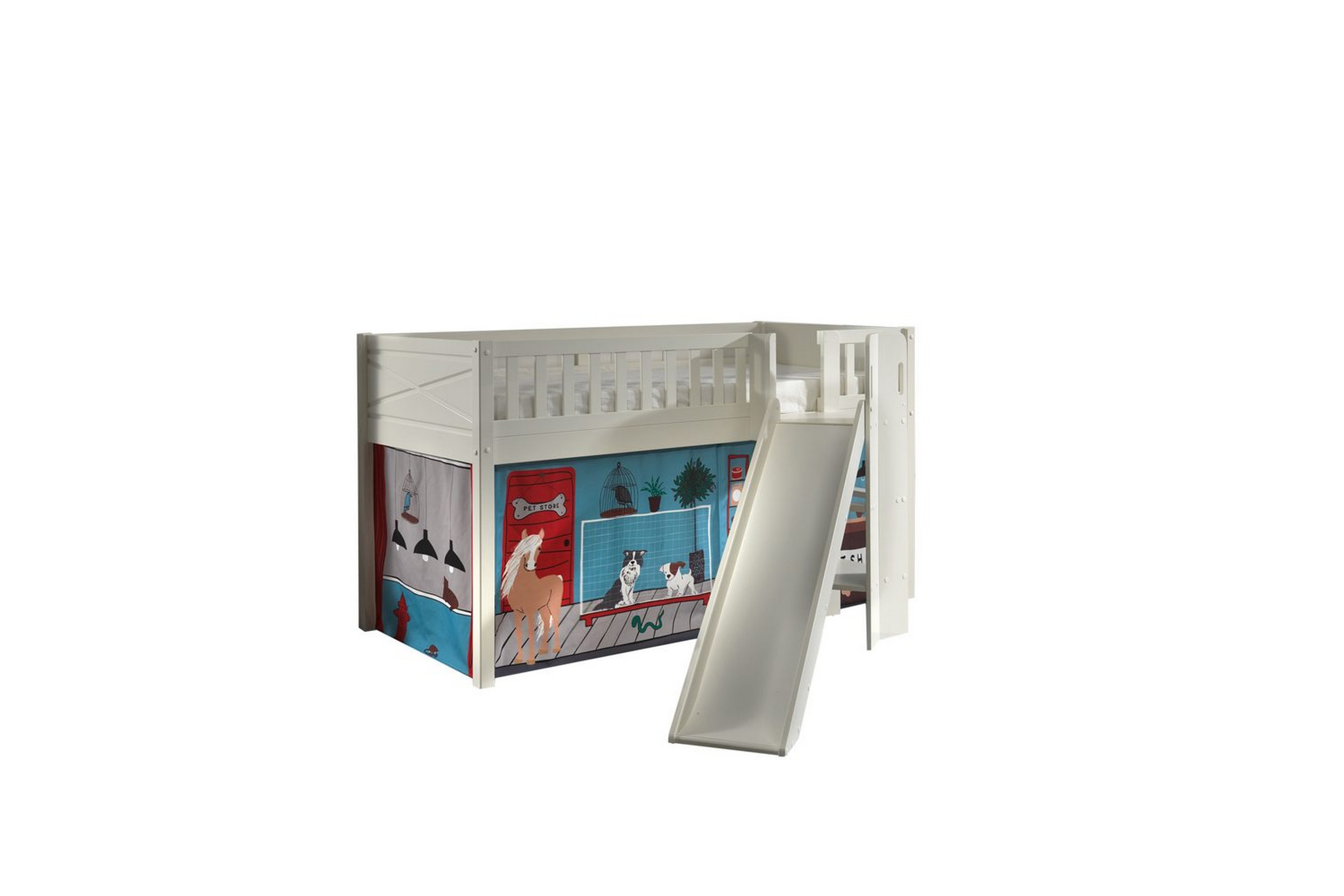 mellanstegsäng med rutschkana och matchande textilset (lekgardin) scott husdjursaffär - husdjursaffär