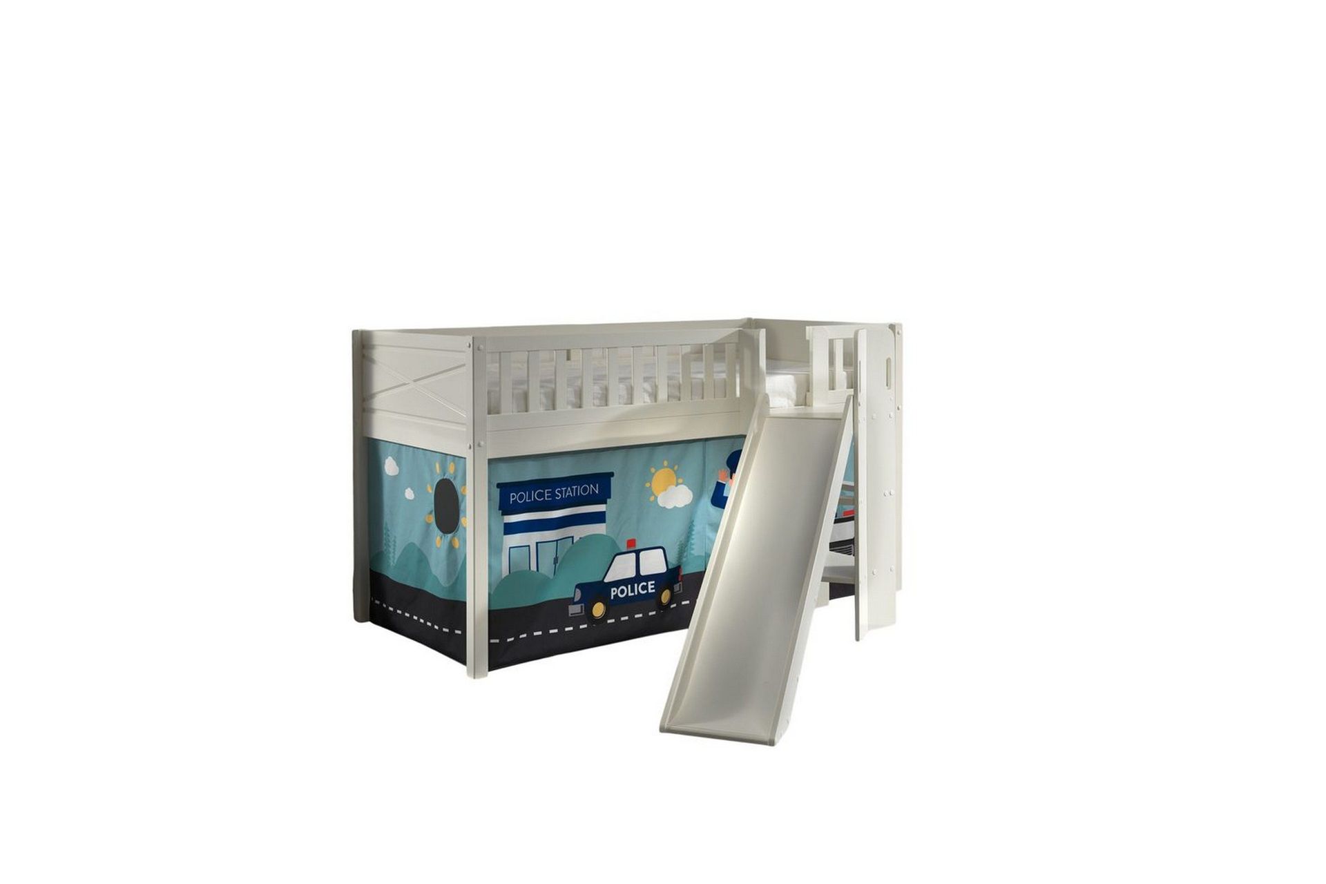 mellanstegsäng med rutschkana och matchande textilset (lekgardin) scott polis - polis