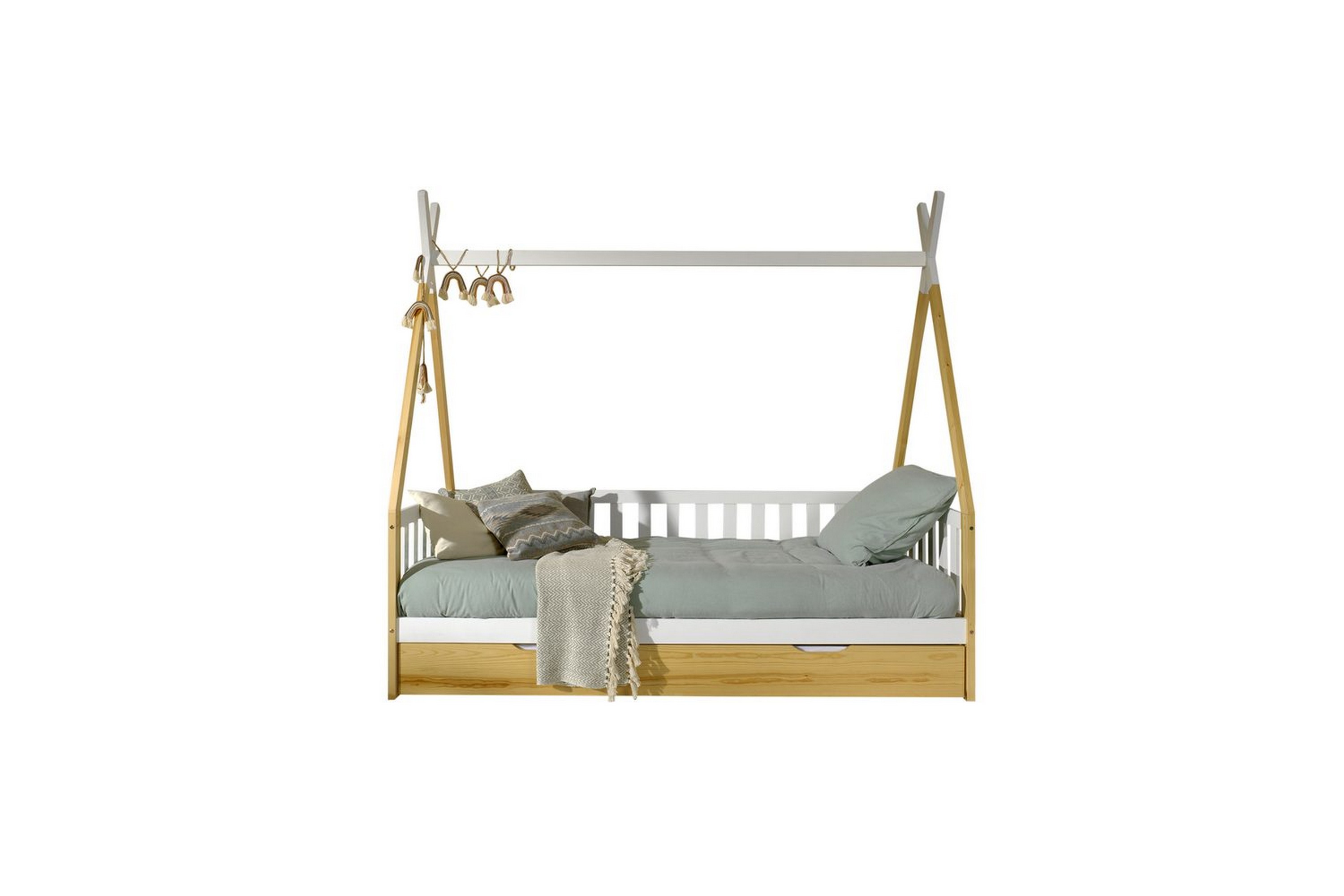 säng med låda tipi natur, med staket - natur, med staket