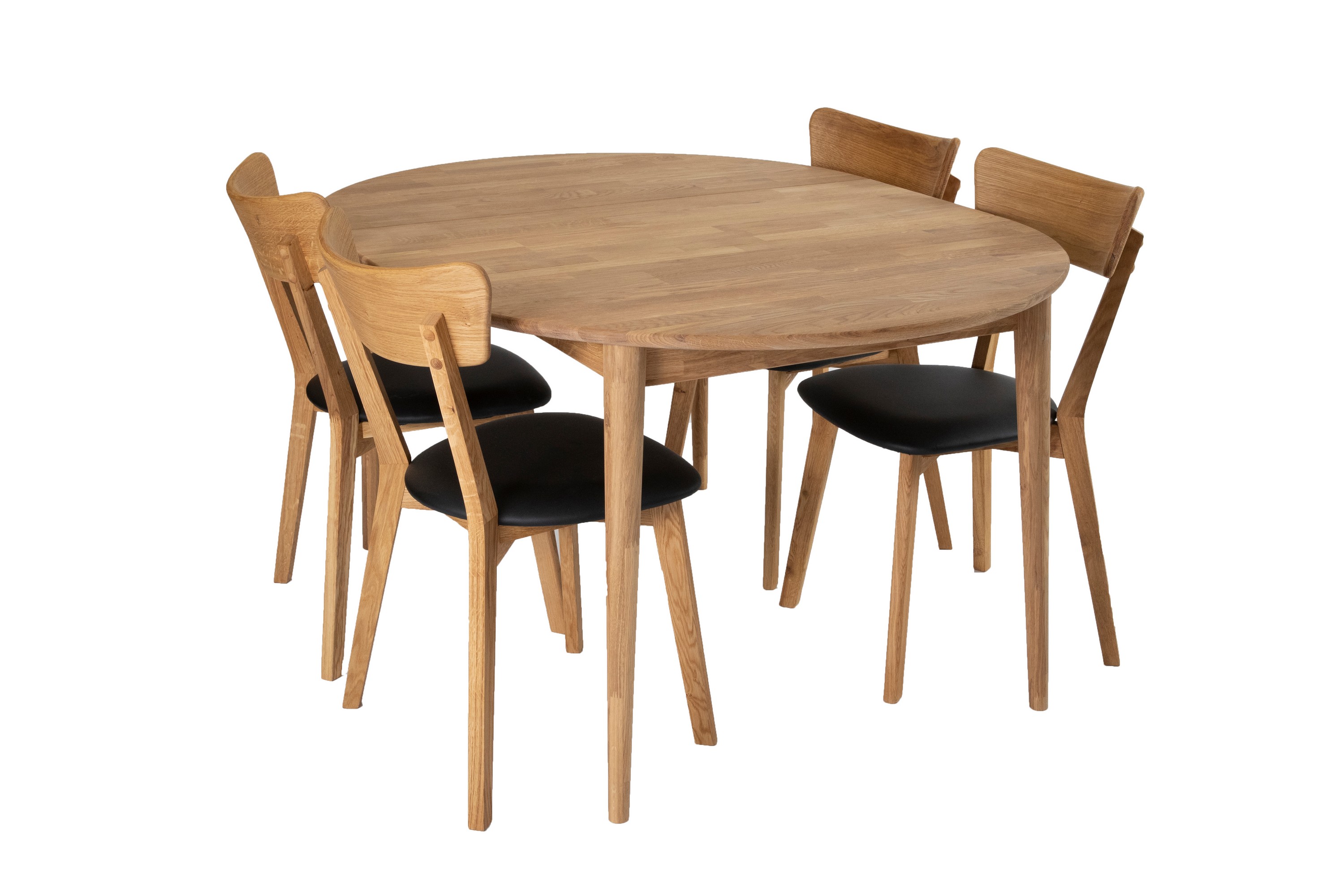 alborg förlängningsbar matgrupp 110-150 cm runt med 4 eksjö stolar i massivt trä - brun/natur