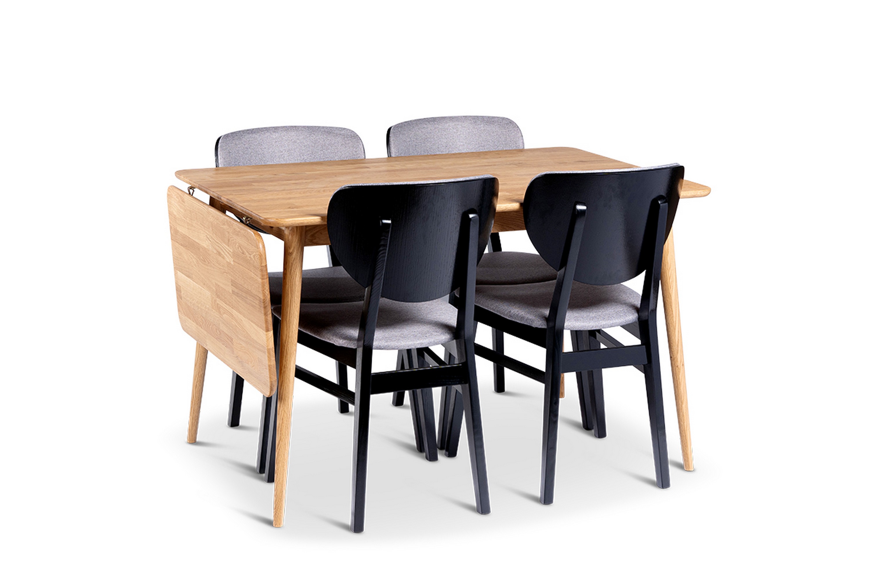 alborg förlängningsbar matgrupp 120-160 cm med 4 borgholm stolar i massivt trä - natur/svart/ljusbrun