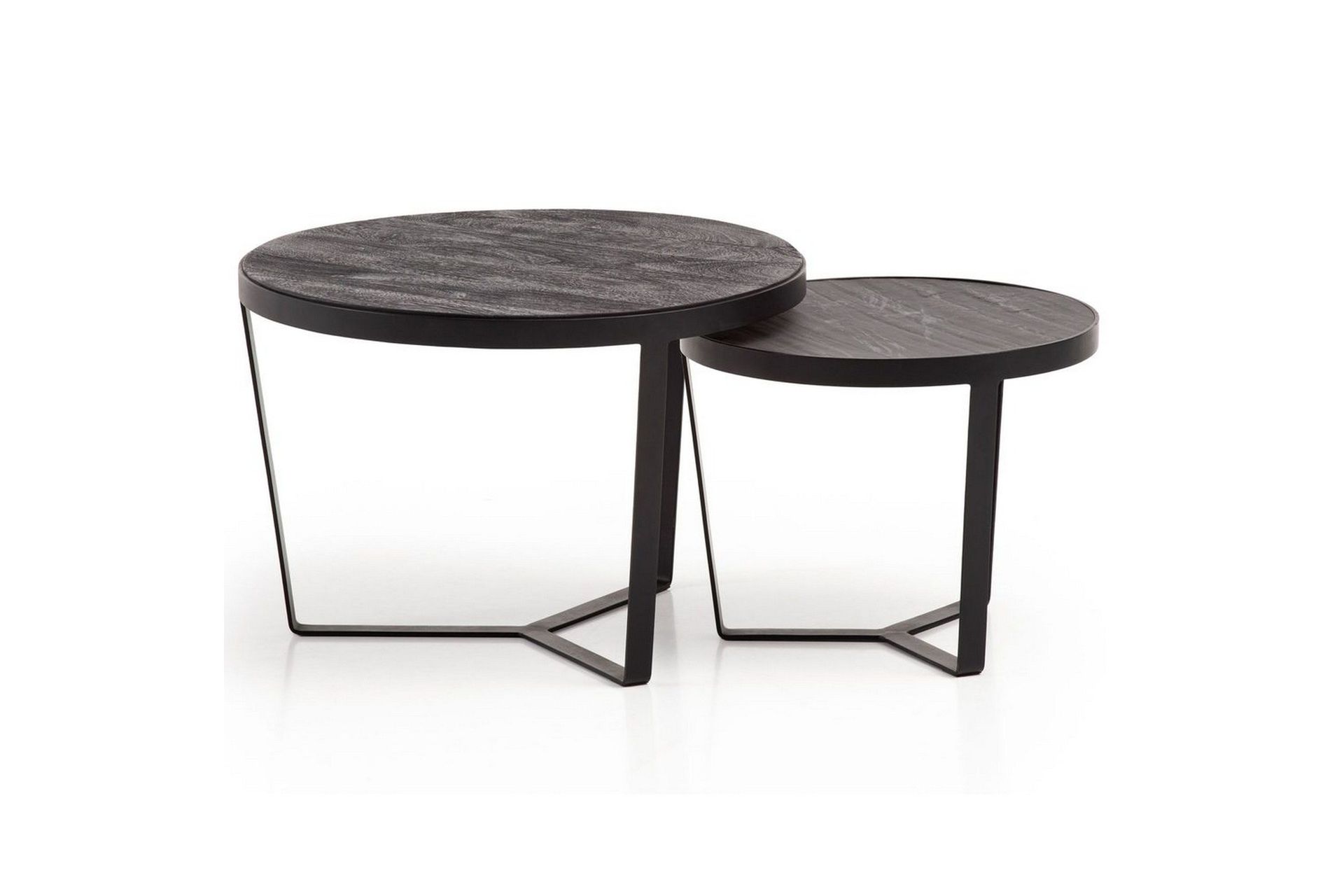 Satsbord Wohnling Set med 2 runda massivt tr&auml; och steneffekt, designad metallbas, lantlig stil Svart, svart - Svart, svart