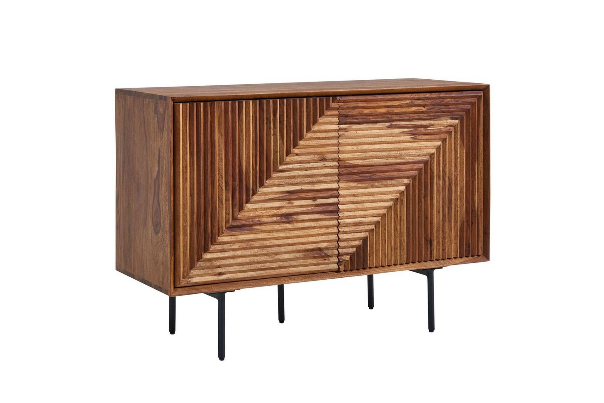 Sideboard Wohnling massivt tr&auml;, 3D geometrisk front, tryck-&ouml;ppna, industriell loftstil 100 cm - 100 cm