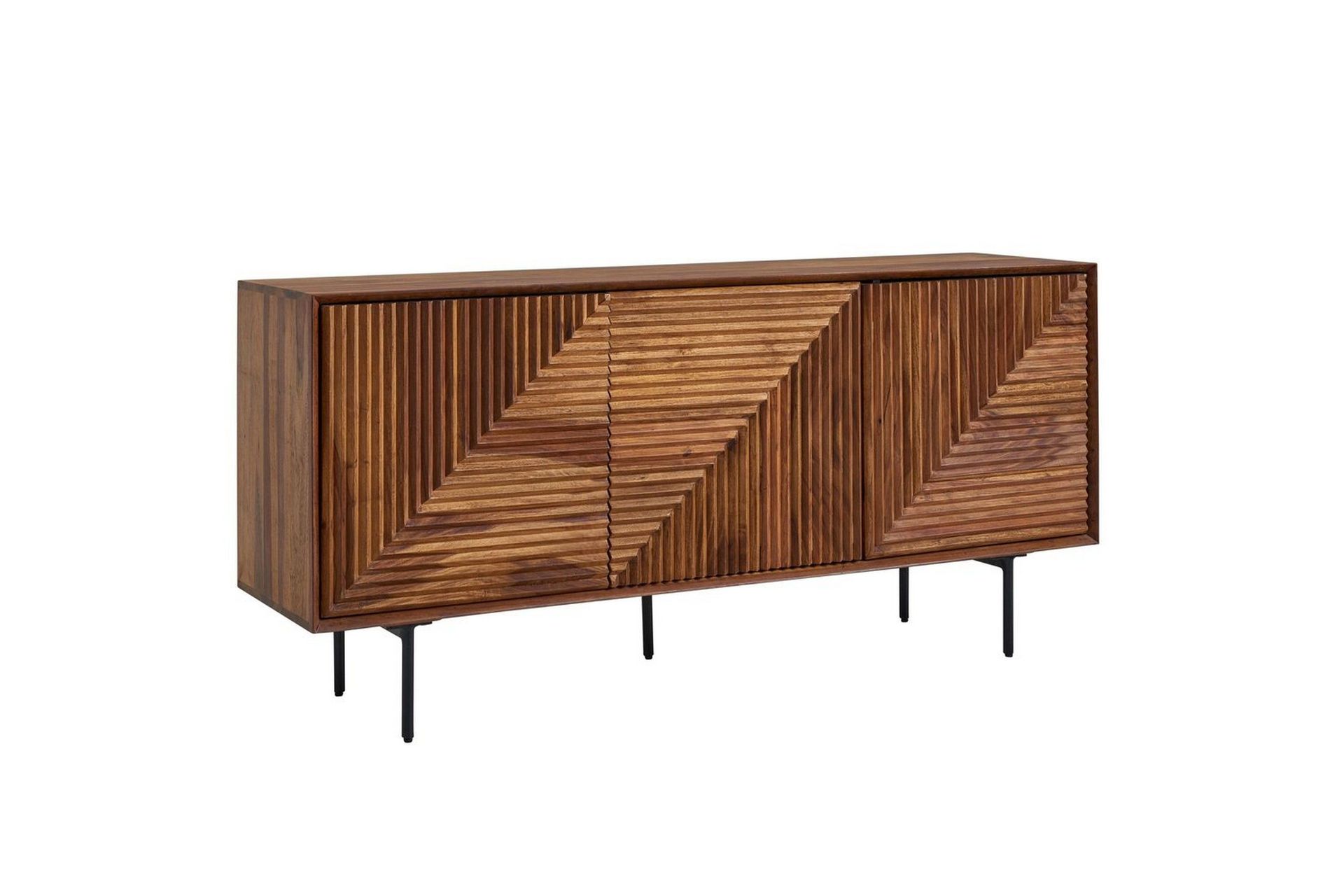 Sideboard Wohnling massivt tr&auml;, 3D geometrisk front, tryck-&ouml;ppna, industriell loftstil 148 cm - 148 cm