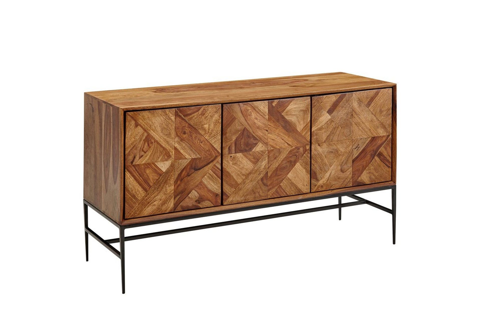 Sideboard Wohnling Massivt tr&auml;, triangul&auml;r optisk inl&auml;ggning, 123 cm med 3 d&ouml;rrar, industriell -