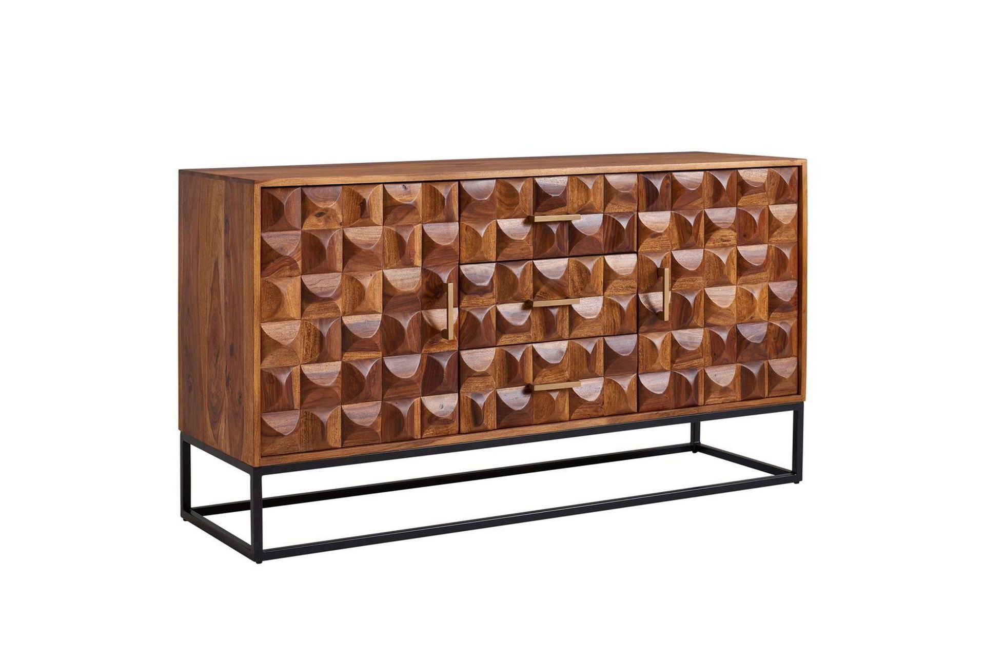 Sideboard Wohnling Massivt tr&auml; design front 145 cm med 2 d&ouml;rrar 3 l&aring;dor industriell -