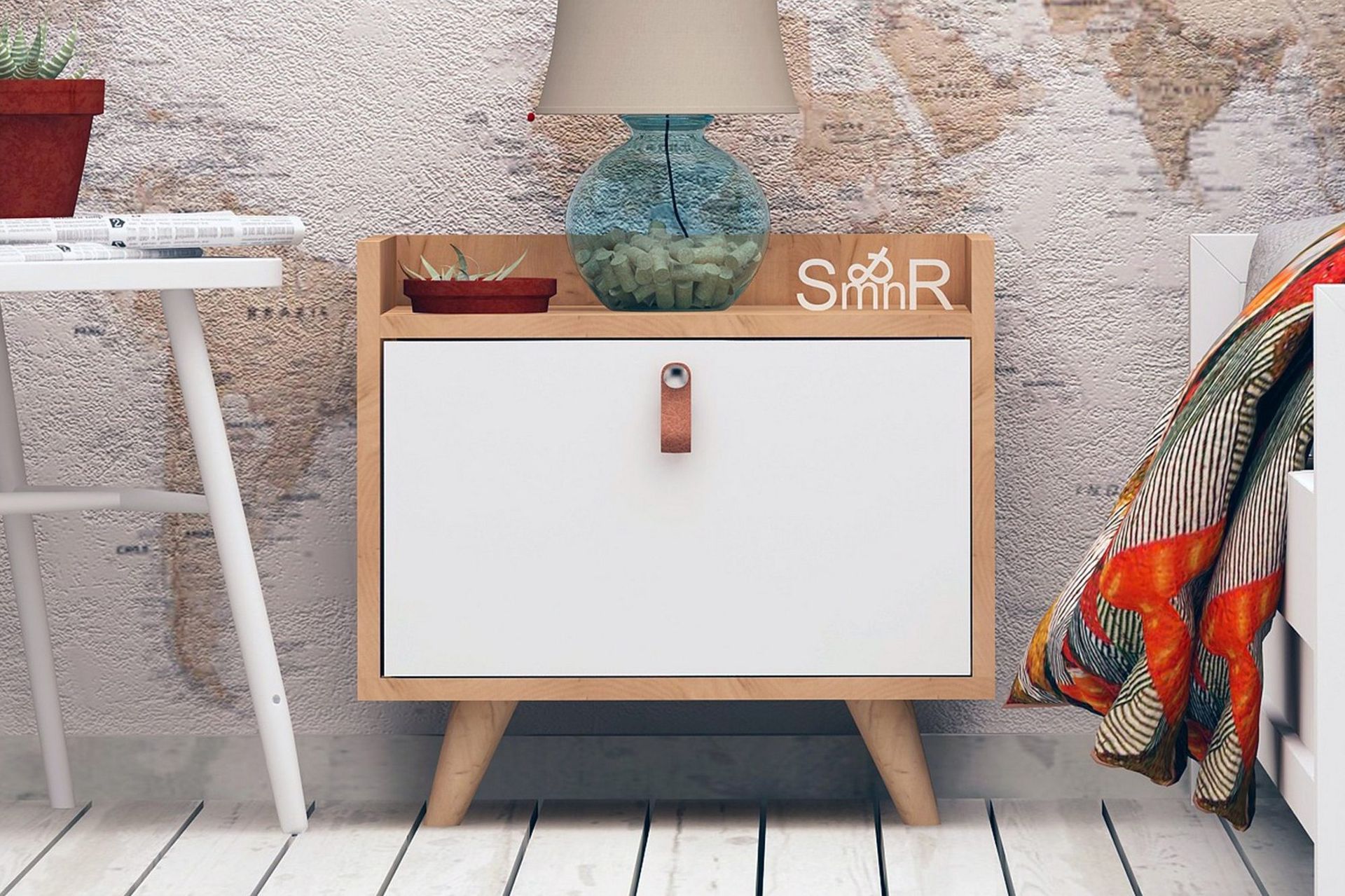 Mod Design S&auml;ngbord 50 cm med F&ouml;rvaring Sk&aring;p L&auml;derbeslag - Tr&auml;/Vit