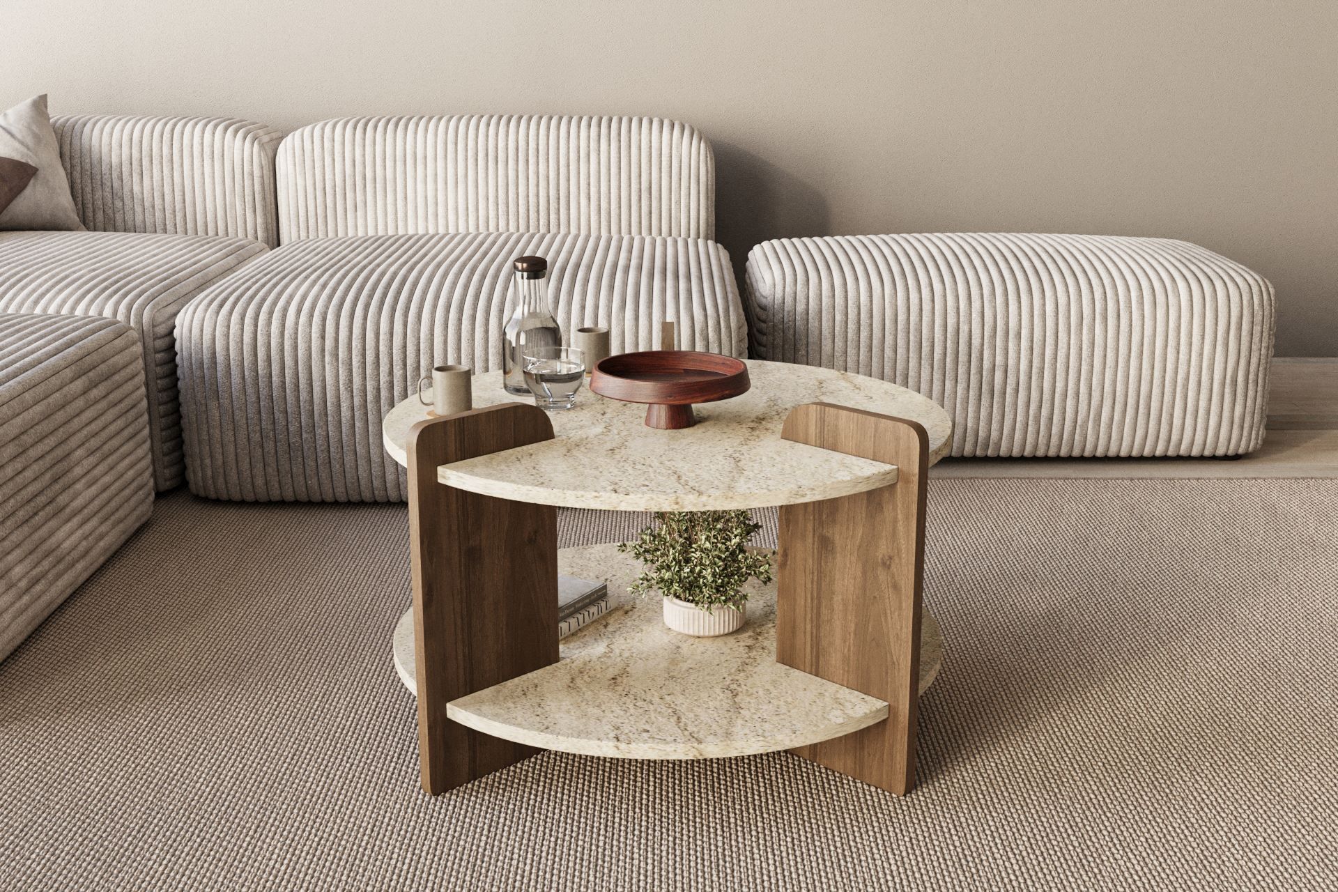 Cindral Soffbord 70 cm Rund - Travertin Och Valnöt