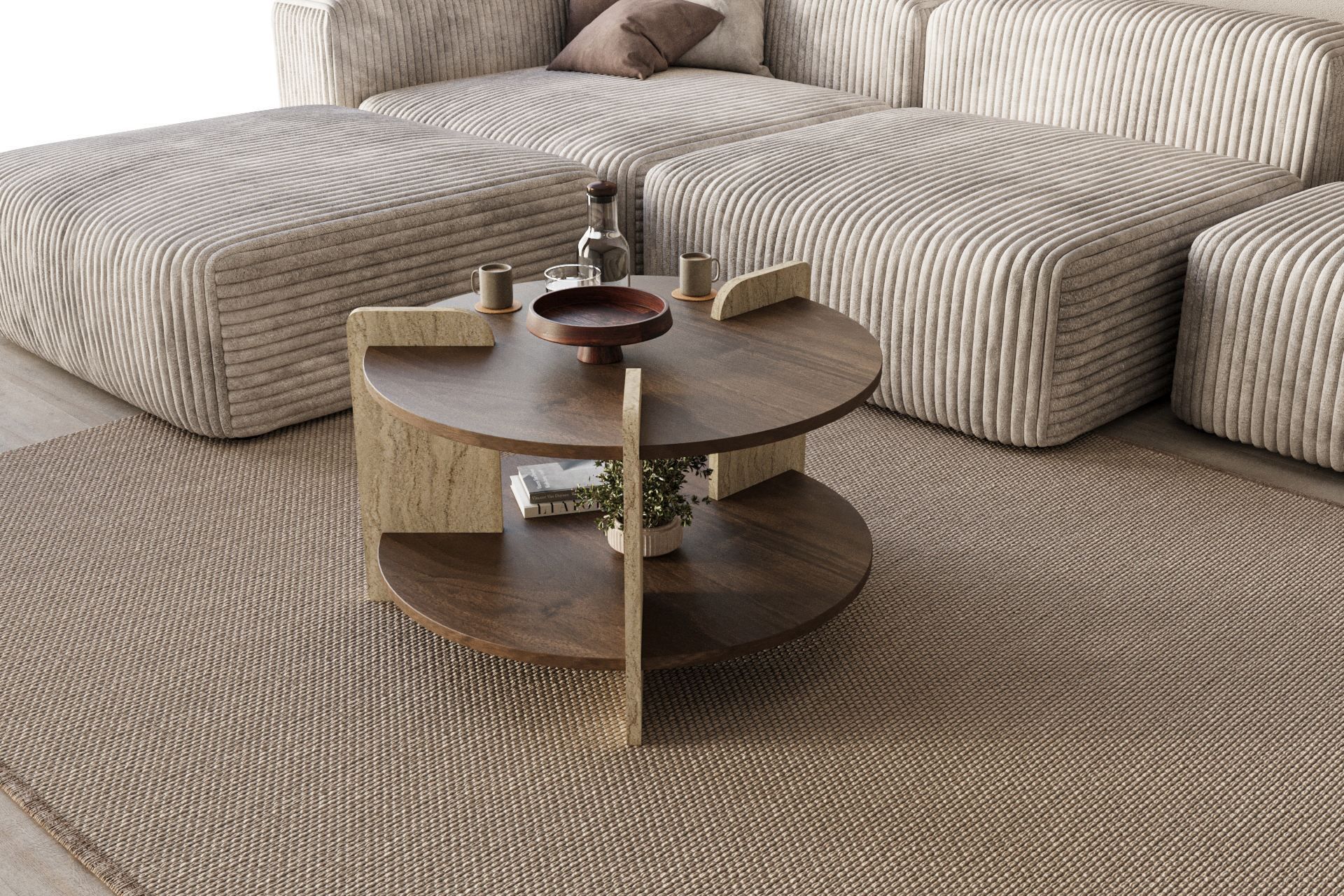 Cindral Soffbord 70 cm Rund - Valn&ouml;t Och Travertin