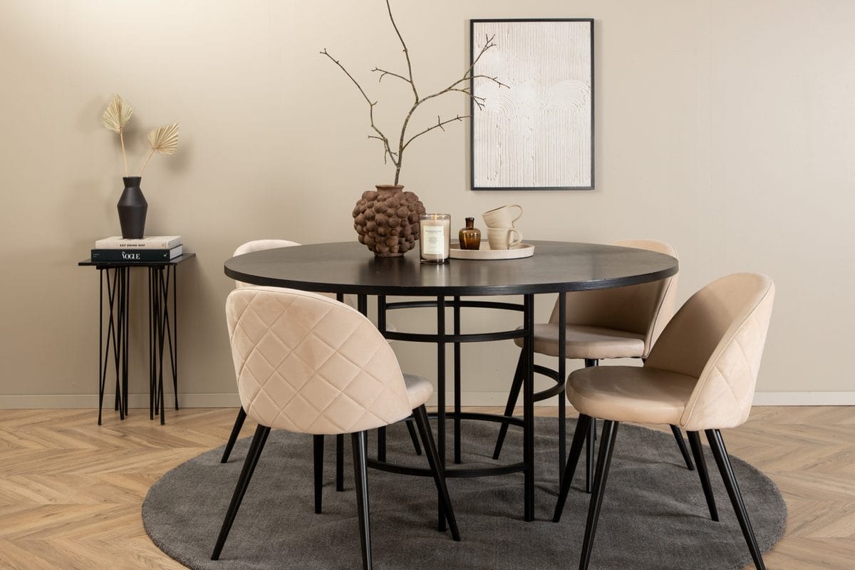Copenhagen Rund Matgrupp 140 cm med 4 Velvet Matstolar - svart och beige