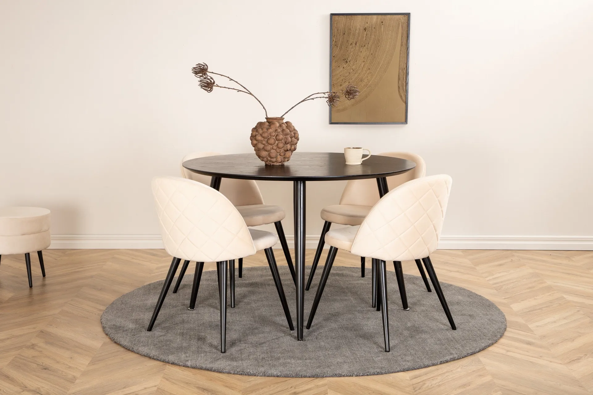 Dipp Matgrupp 115 cm Rund med 4 Velvet stolar - Beige