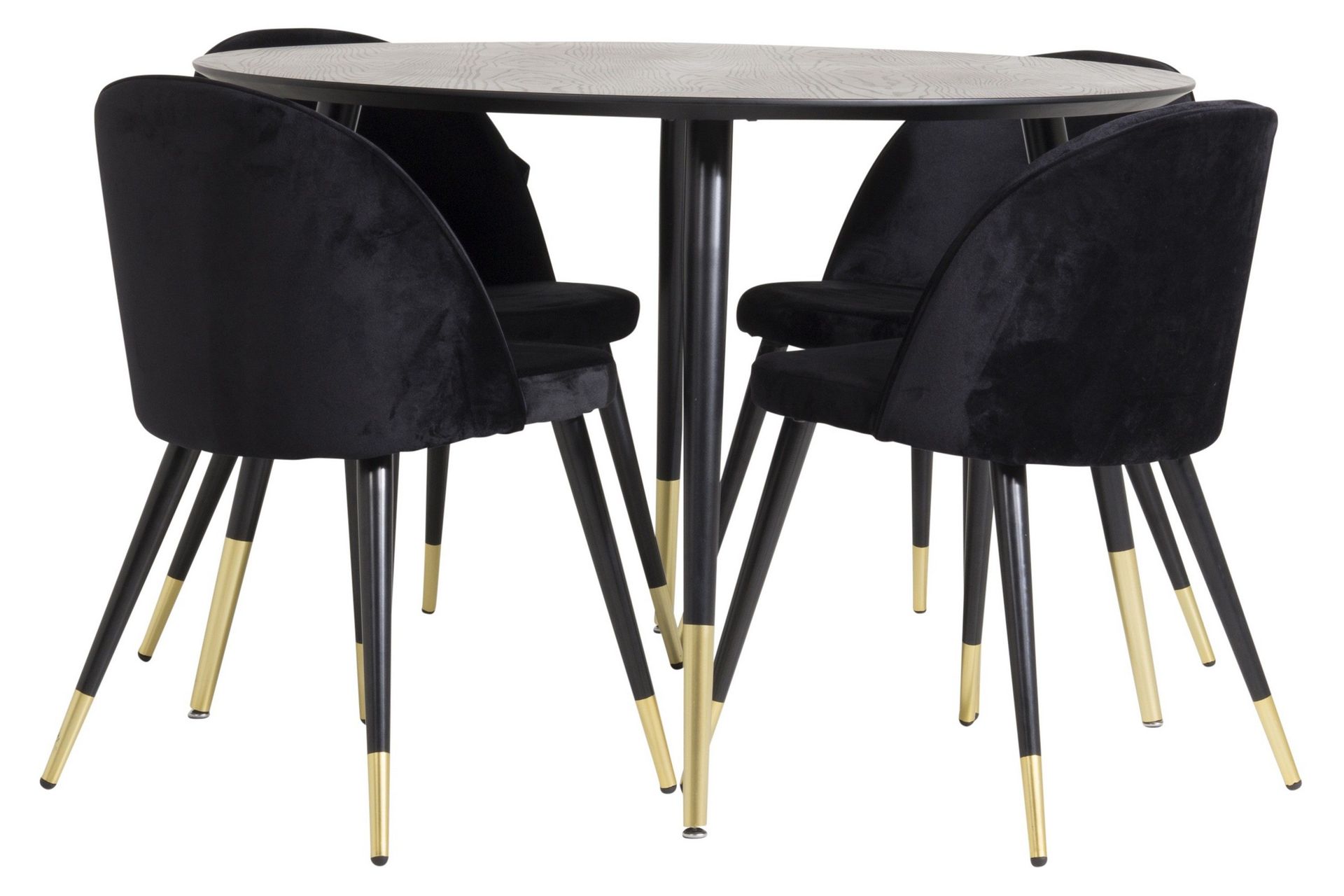 dipp matgrupp 115 cm rund med 4 velvet stolar - svart/guld