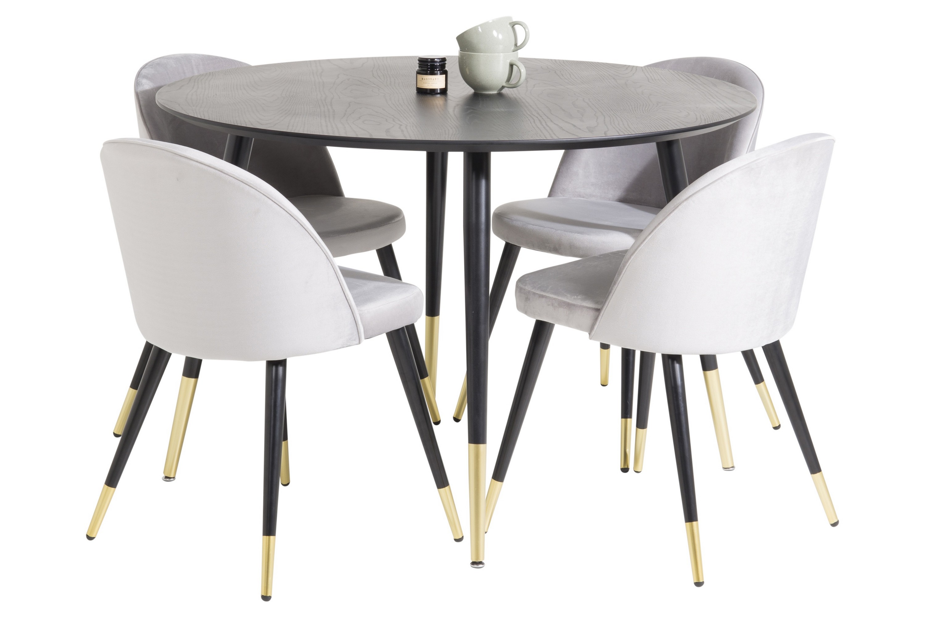 dipp matgrupp 115 cm rund med 4 velvet stolar - svart/guld