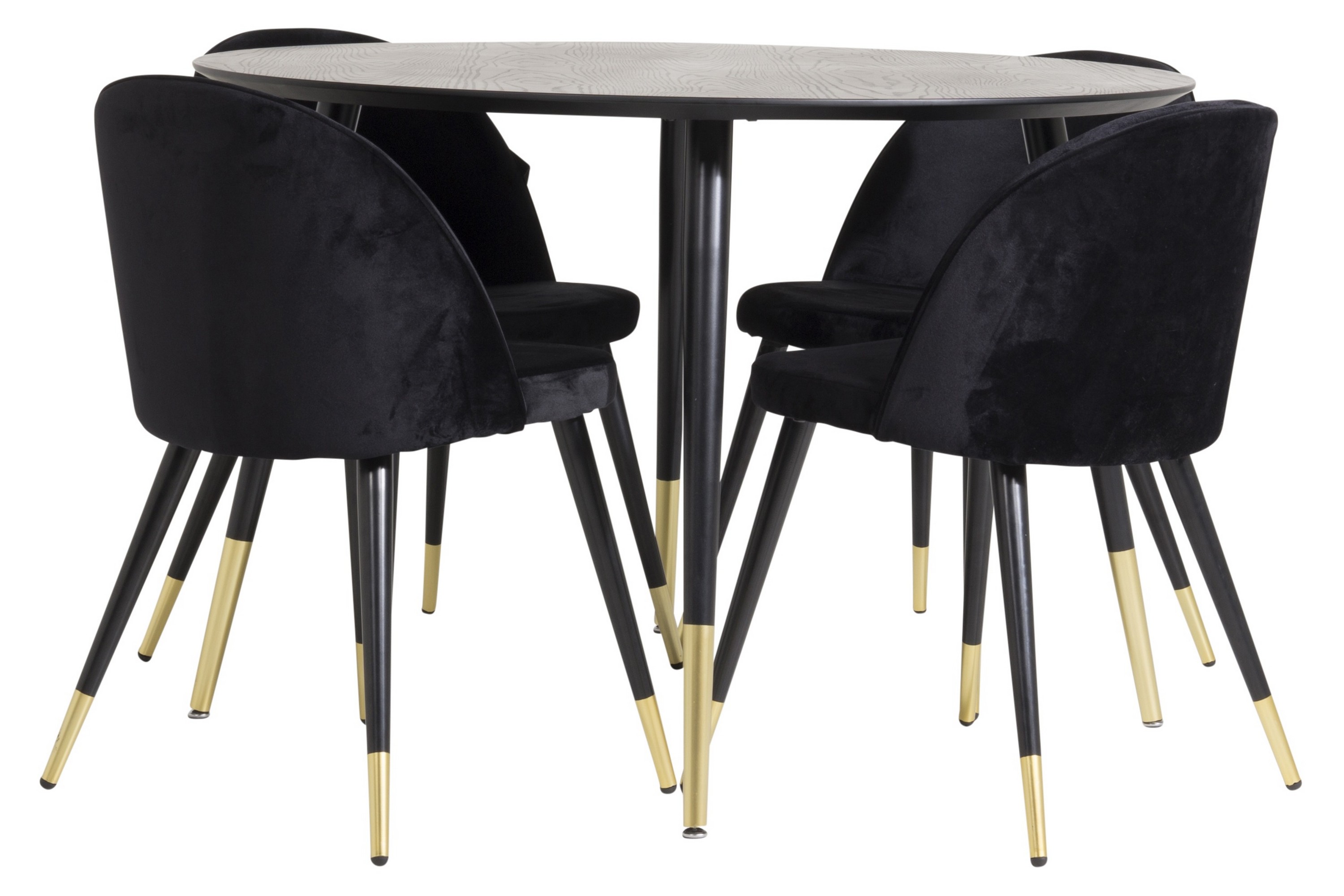 dipp matgrupp 115 cm rund med 4 velvet stolar - svart/guld