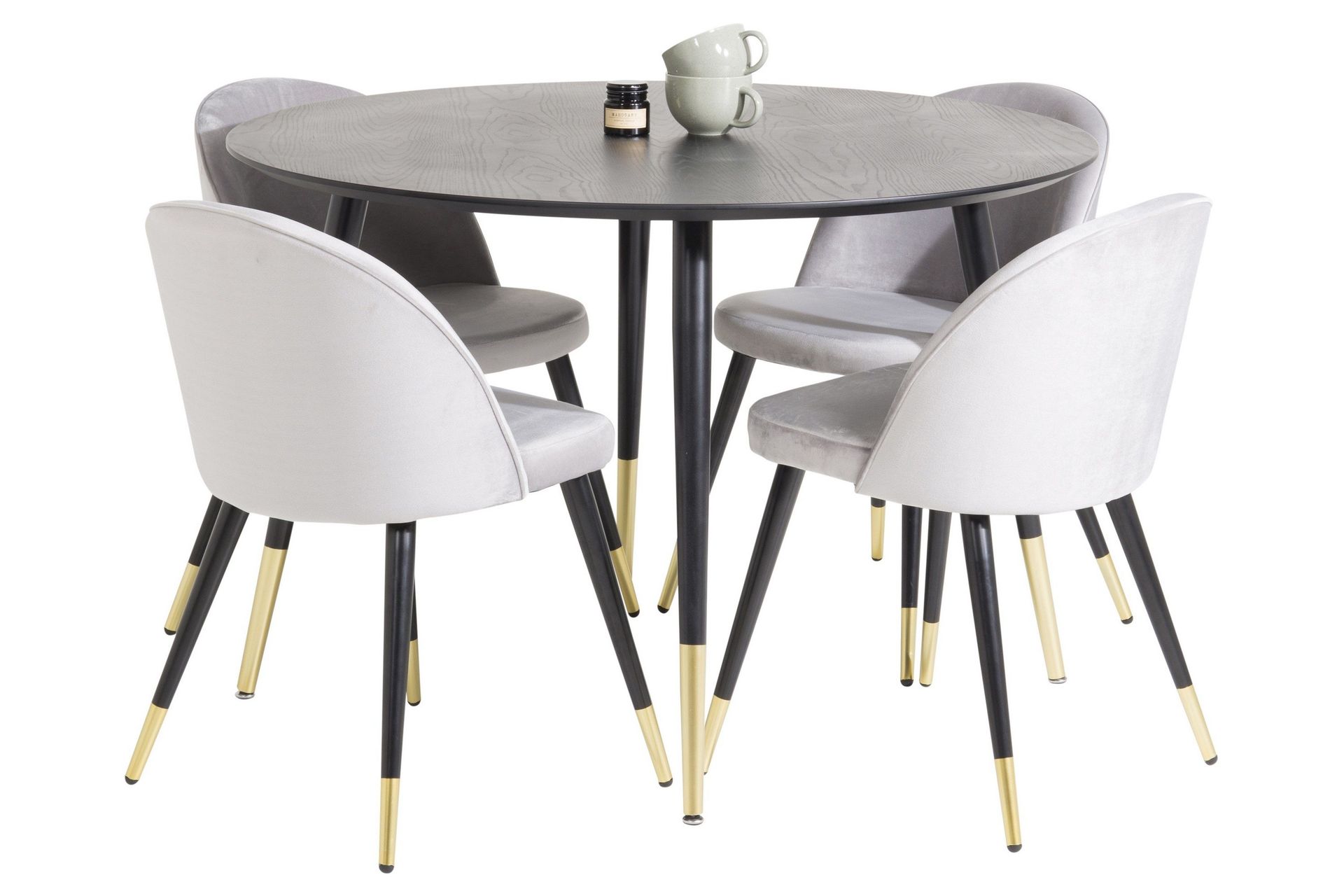Dipp Matgrupp 115 cm Rund med 4 Velvet stolar - Svart/Guld