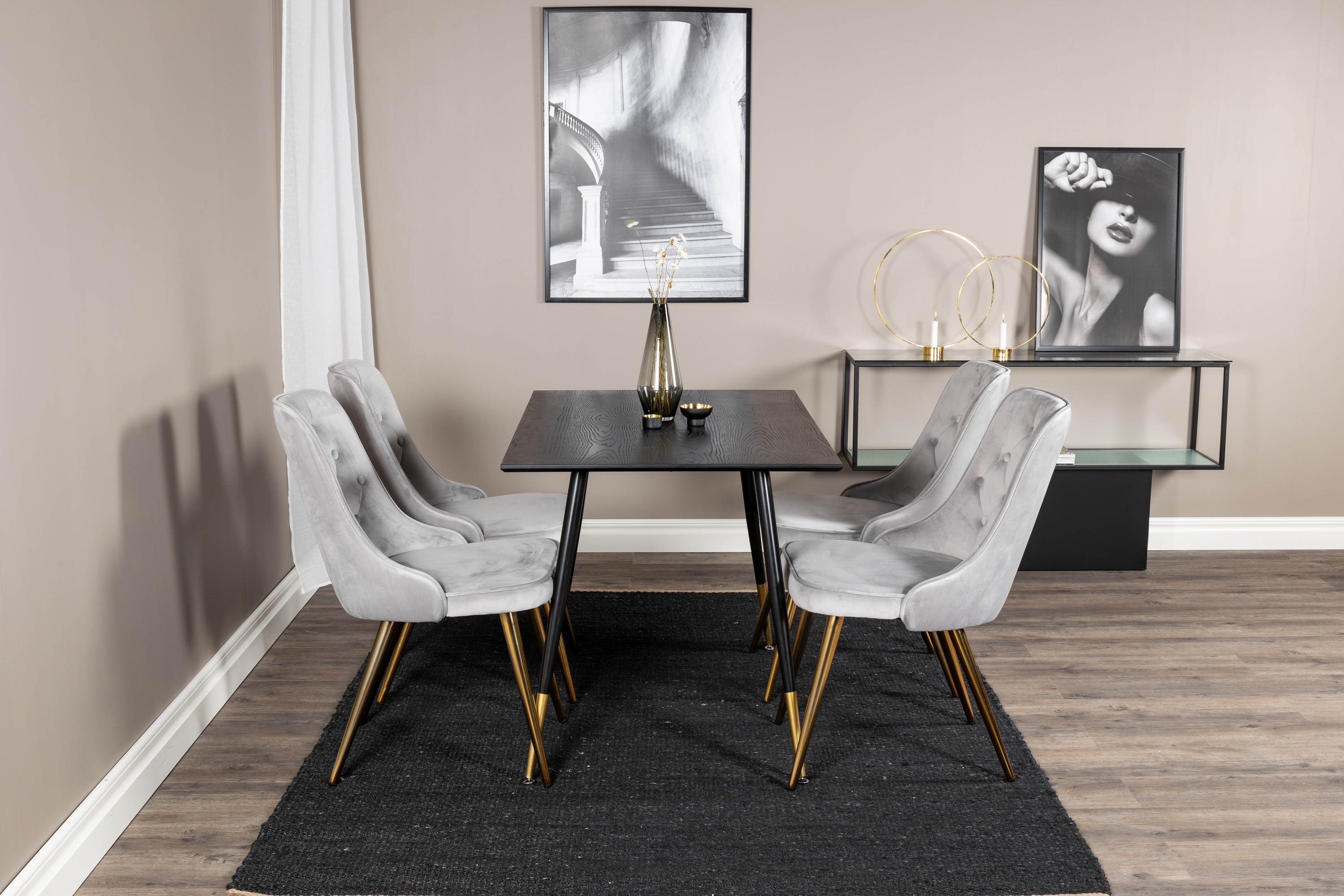 Dipp Matgrupp 120 cm Rund med 4 Velvet Deluxe stolar Svart/Guld