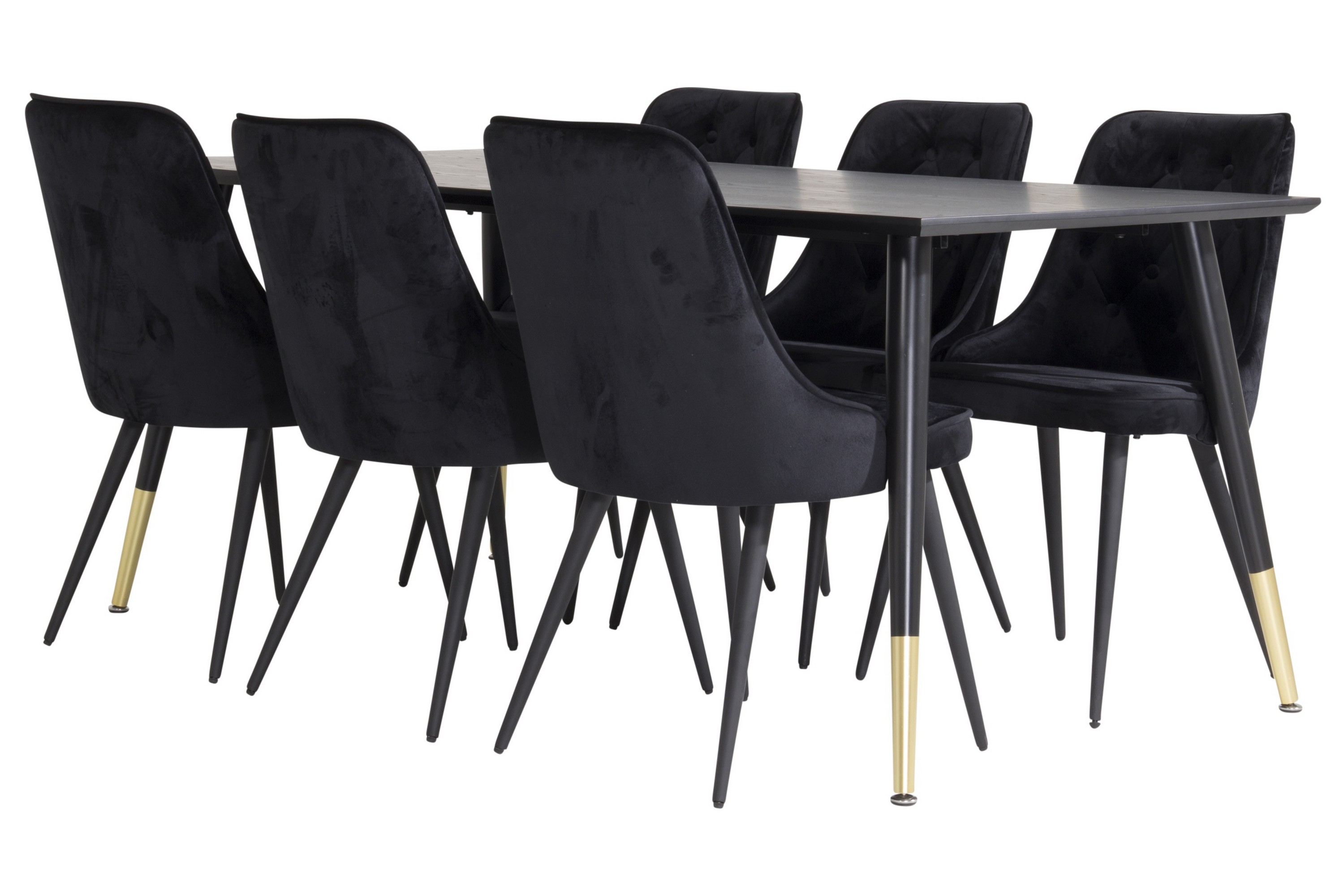 dipp matgrupp 180 cm rektangulär med 6 velvet deluxe stolar - svart/guld
