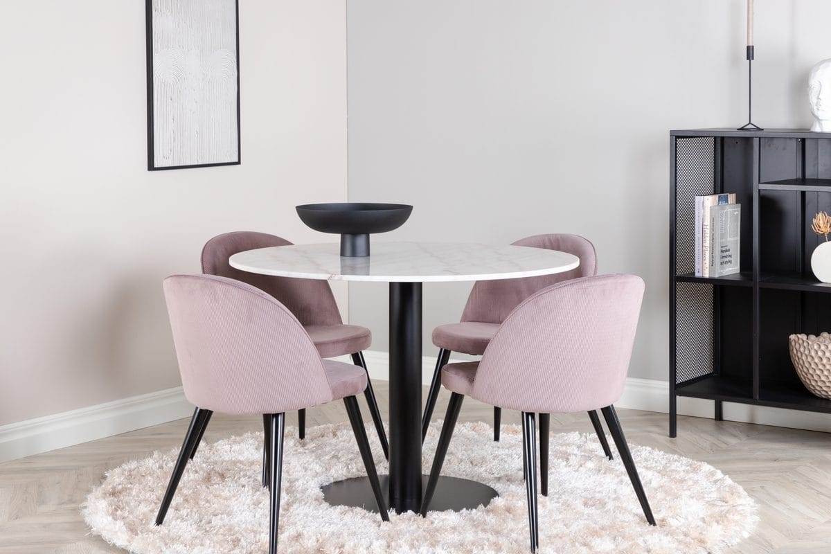 Estelle Matbord 106 cm Runt Marmor med 4 Velvet Matstol Manchester -