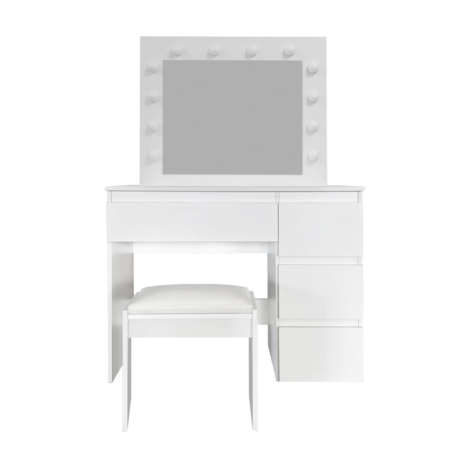 Glow Sminkbord 94 cm med spegel lådor och pall - LED Belysning - Vit
