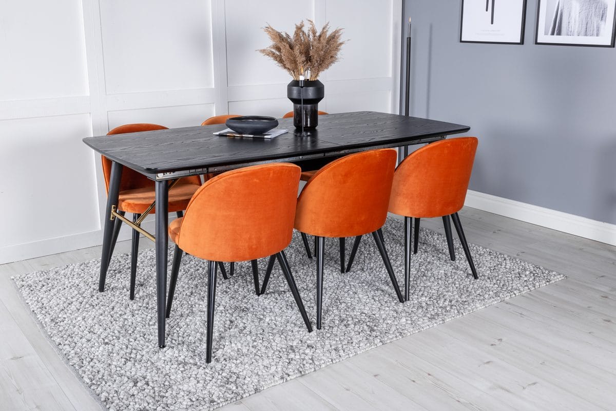 Gold Matbord 180 cm F&ouml;rl&auml;ngningsbart med 6 Velvet Matstol Sammet -