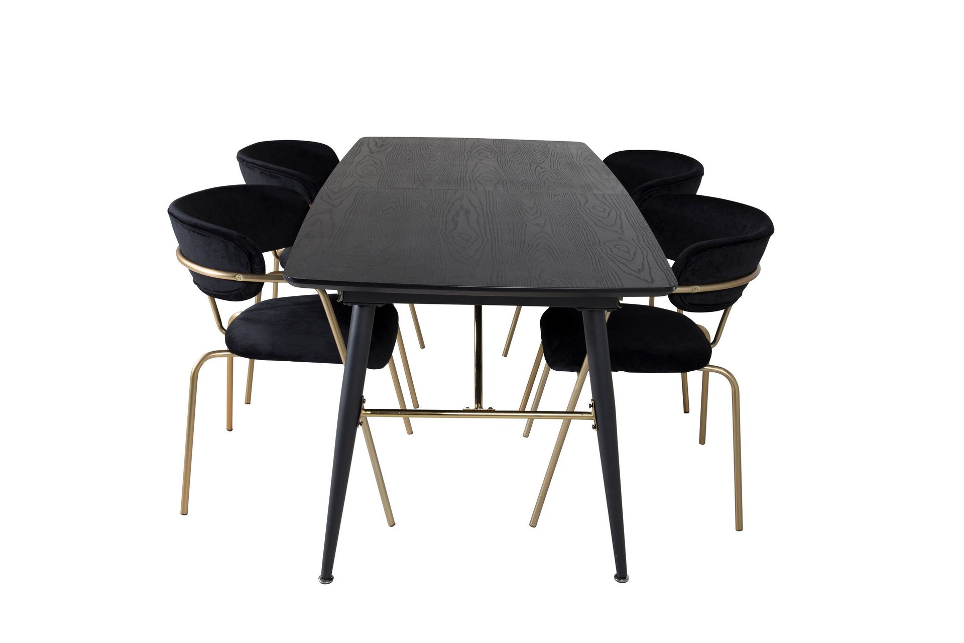 gold matgrupp förlängningsbar 180-220 cm rektangulär med 4 arrow stolar - svart/guld