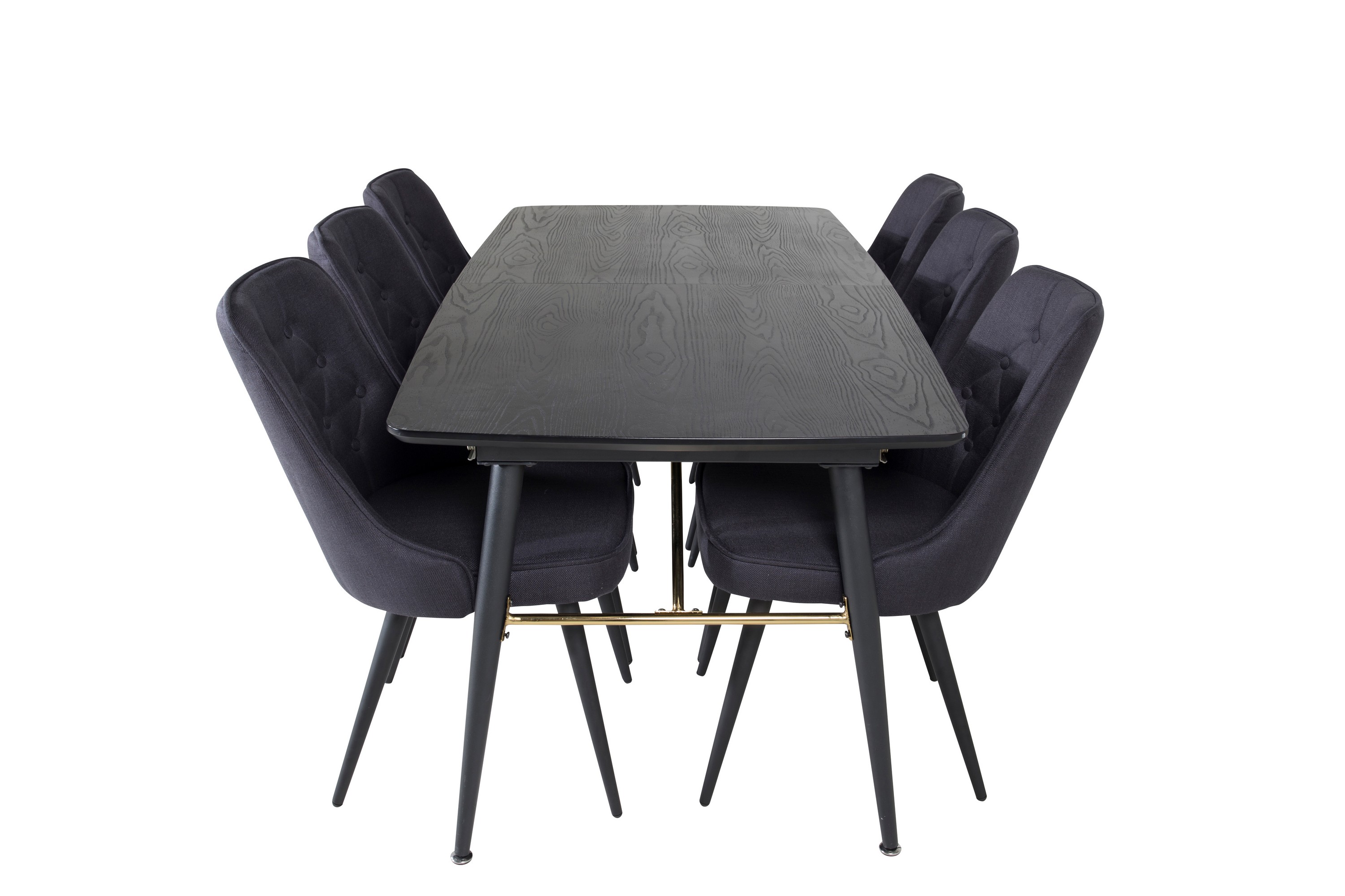 gold matgrupp förlängningsbar 180-220 cm rektangulär med 6 velvet deluxe stolar - svart/guld