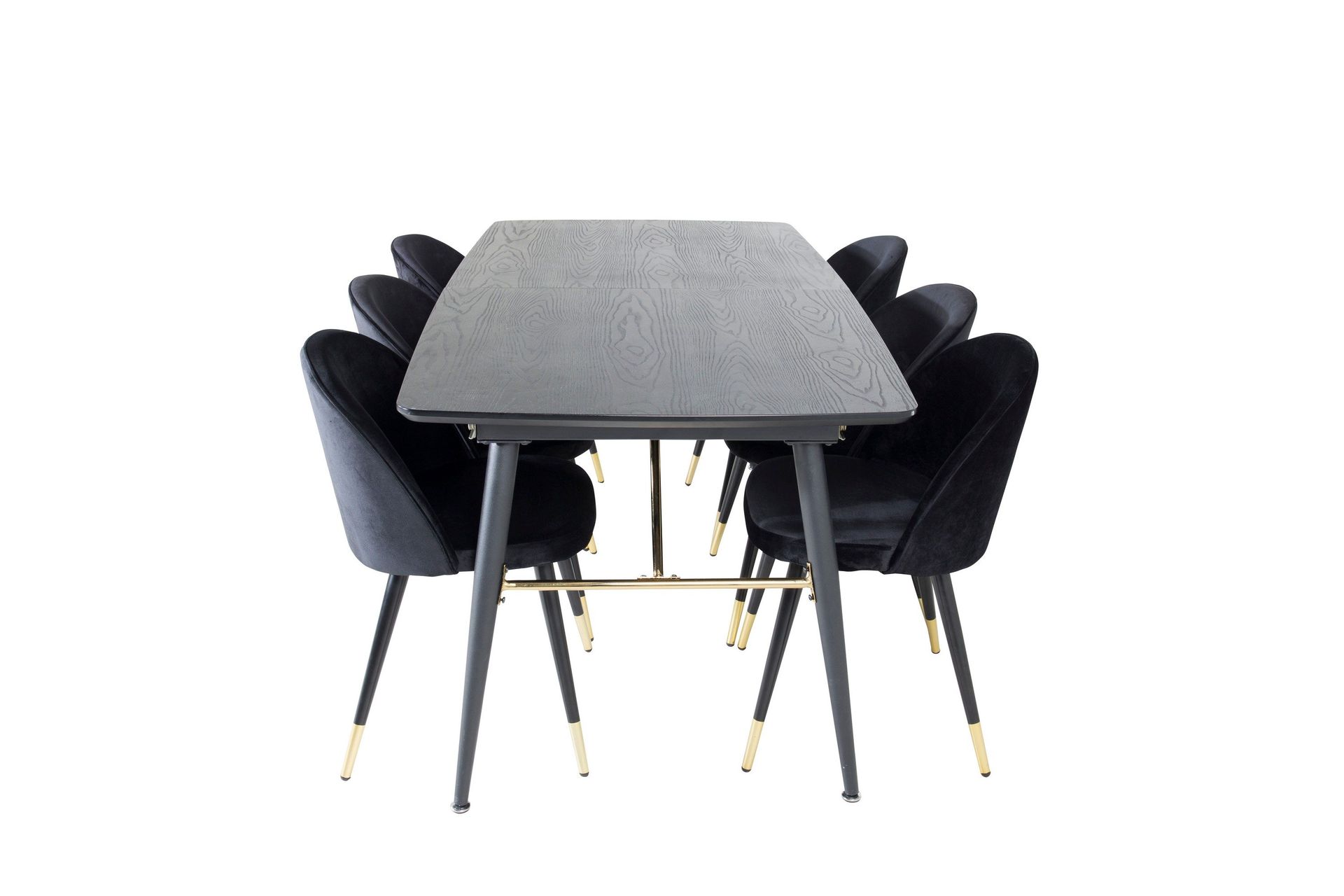 gold matgrupp förlängningsbar 180-220 cm rektangulär med 6 velvet stolar - svart/guld
