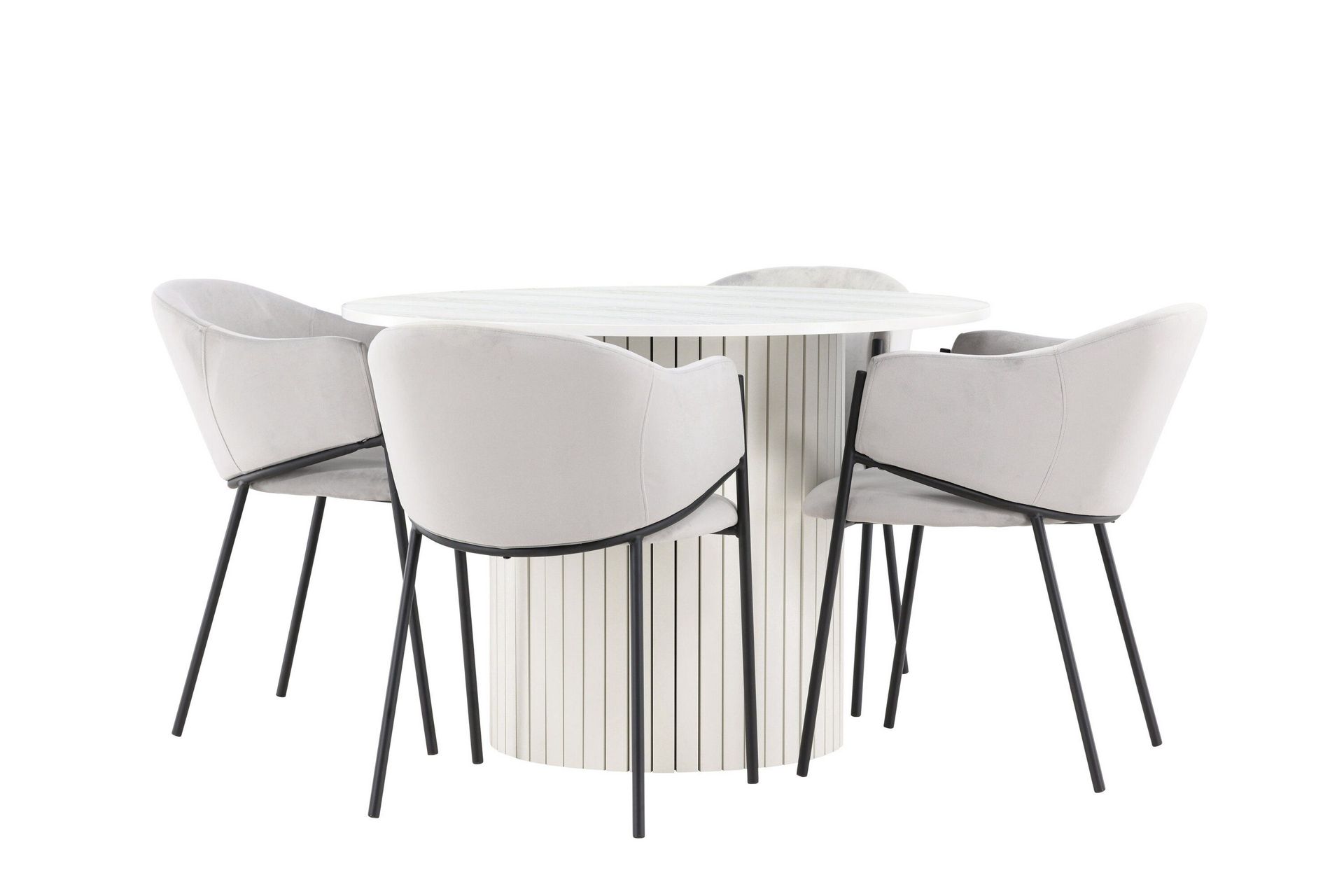 H&auml;r&ouml;n Matgrupp 110 cm Rund med 4 Evelina stolar - Vit/Gr&aring;