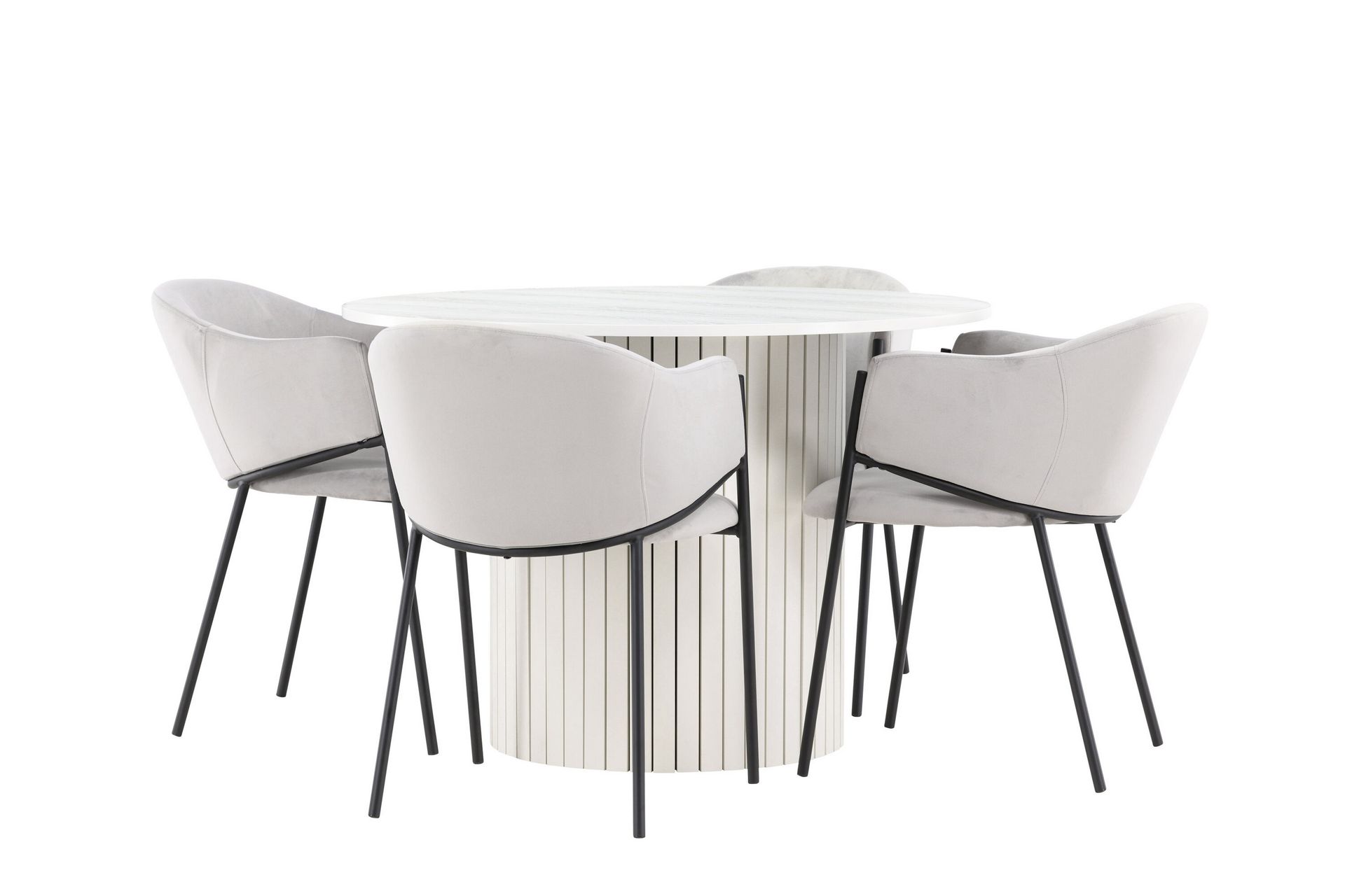 härön matgrupp 110 cm rund med 4 evelina stolar - vit/grå