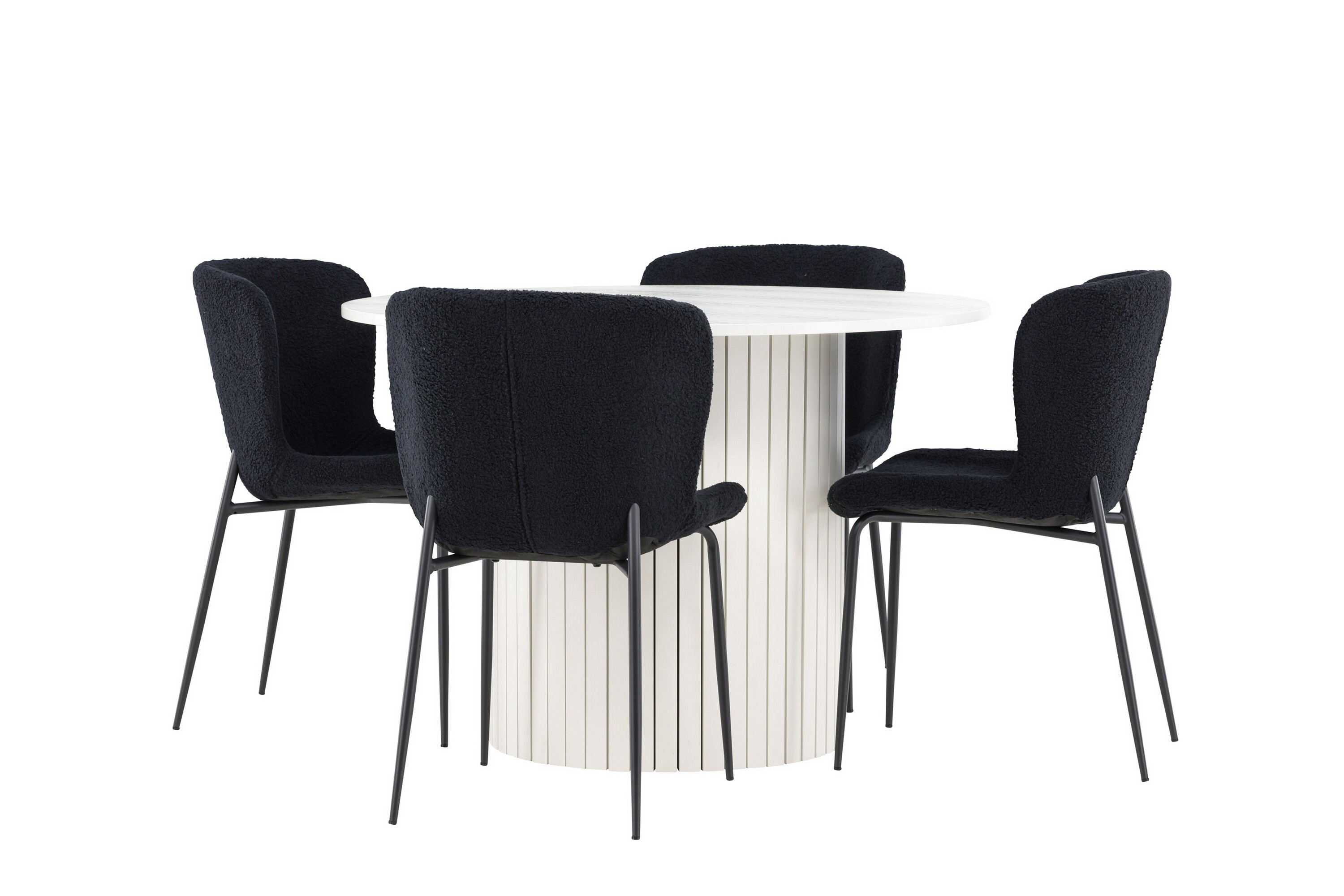 härön matgrupp 110 cm rund med 4 modesto stolar - vit/svart