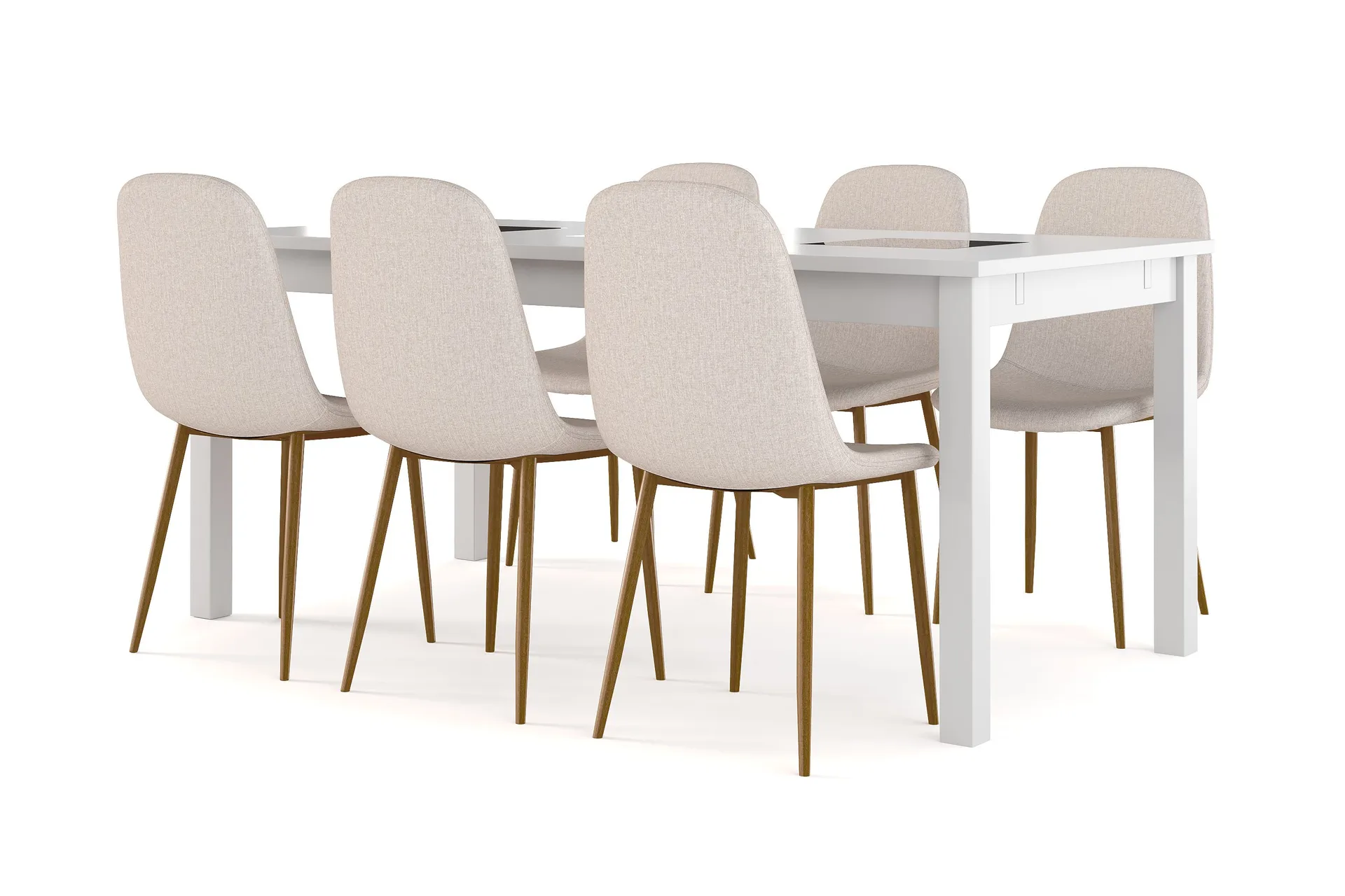 Jasmin Förlängningsbart Matbord 180 cm +  6 st Nibe stol beige med ek ben - Vit/Beige